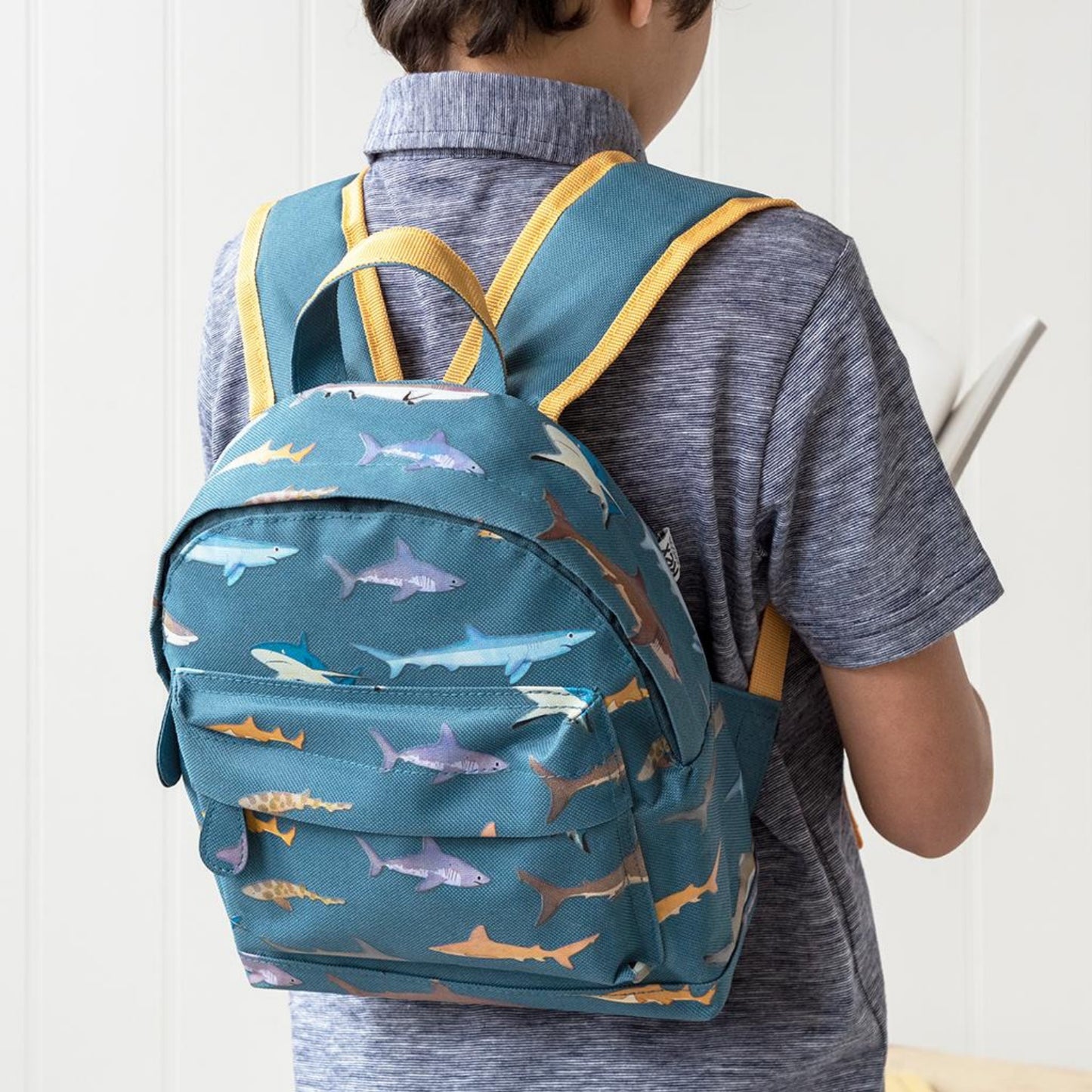 Rex London Sharks Mini Backpack | Kid’s Backpack for Creche, Nursery & School | Lifestyle: Boy wearing Sharks Mini Backpack | BeoVERDE Ireland