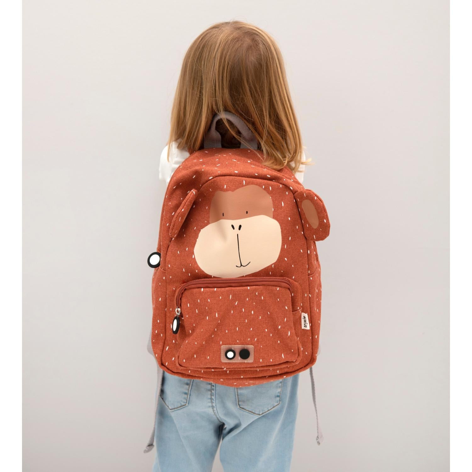 Trixie Mr. Monkey Backpack | Kid’s Backpack for Creche, Nursery & School | Lifestyle: Child with Backpack - Back View | BeoVERDE.ie
