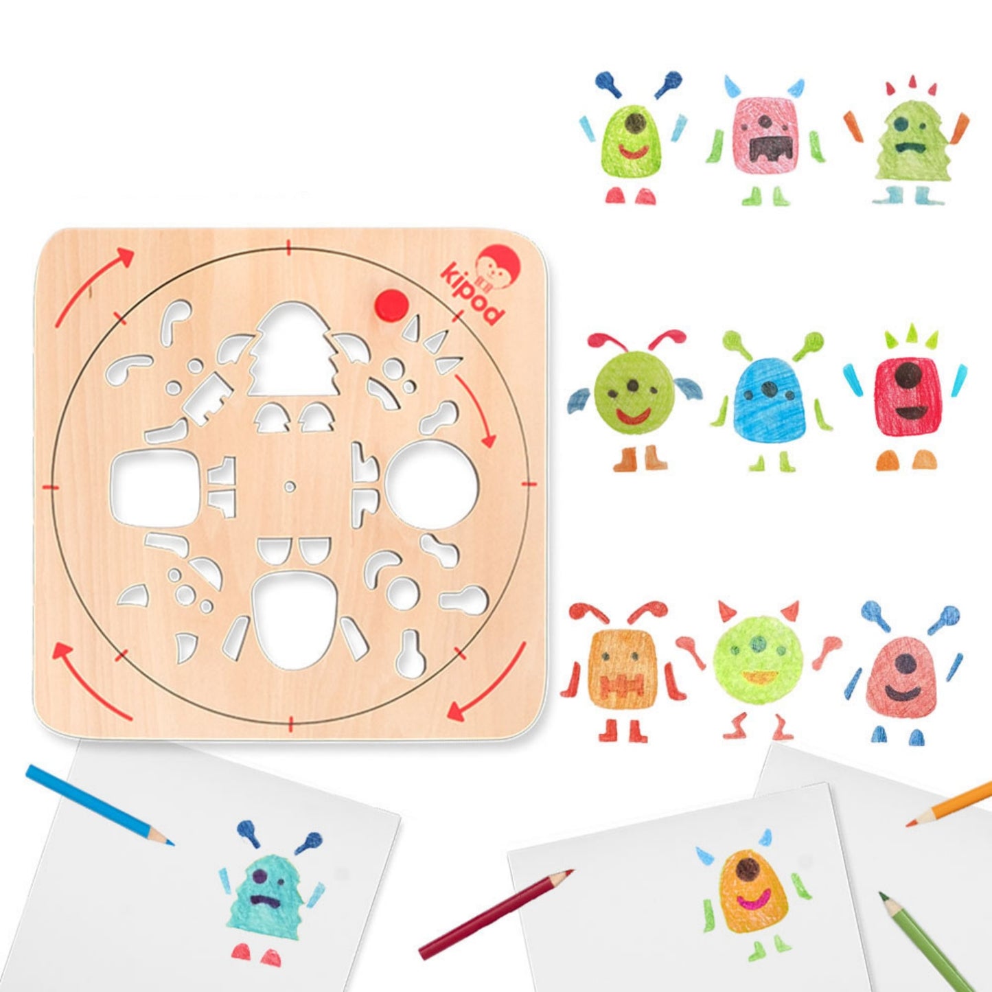 Monsters - Rotating Wooden Drawing Stencil Kit for Children | Kipod Toys | Wooden Arts & Crafts Kit | Educational Wooden Toy | Combinations | BeoVERDE.ie
