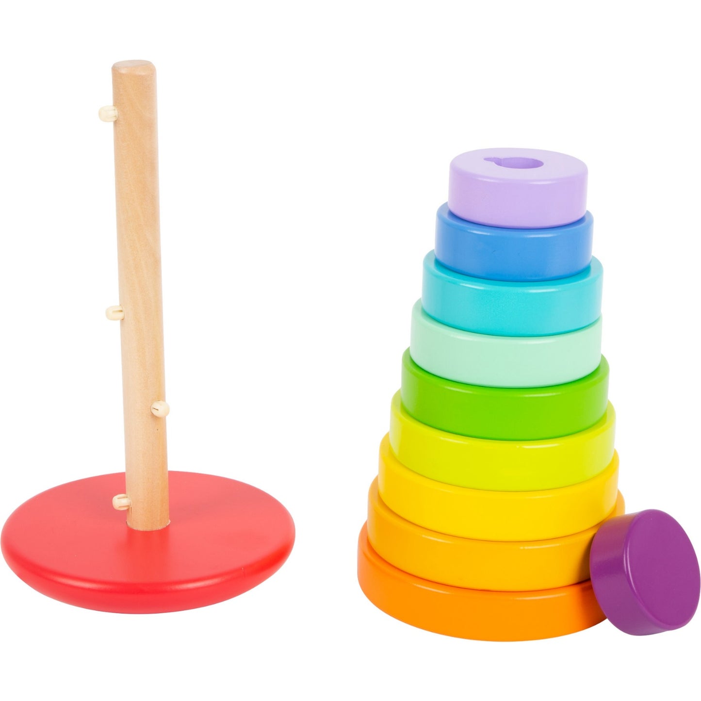 Large Wooden Rainbow Stacker | Baby & Toddler Activity Toy | Legler Toys | Front View – Rings Stacked Beside Stacker | BeoVERDE.ie