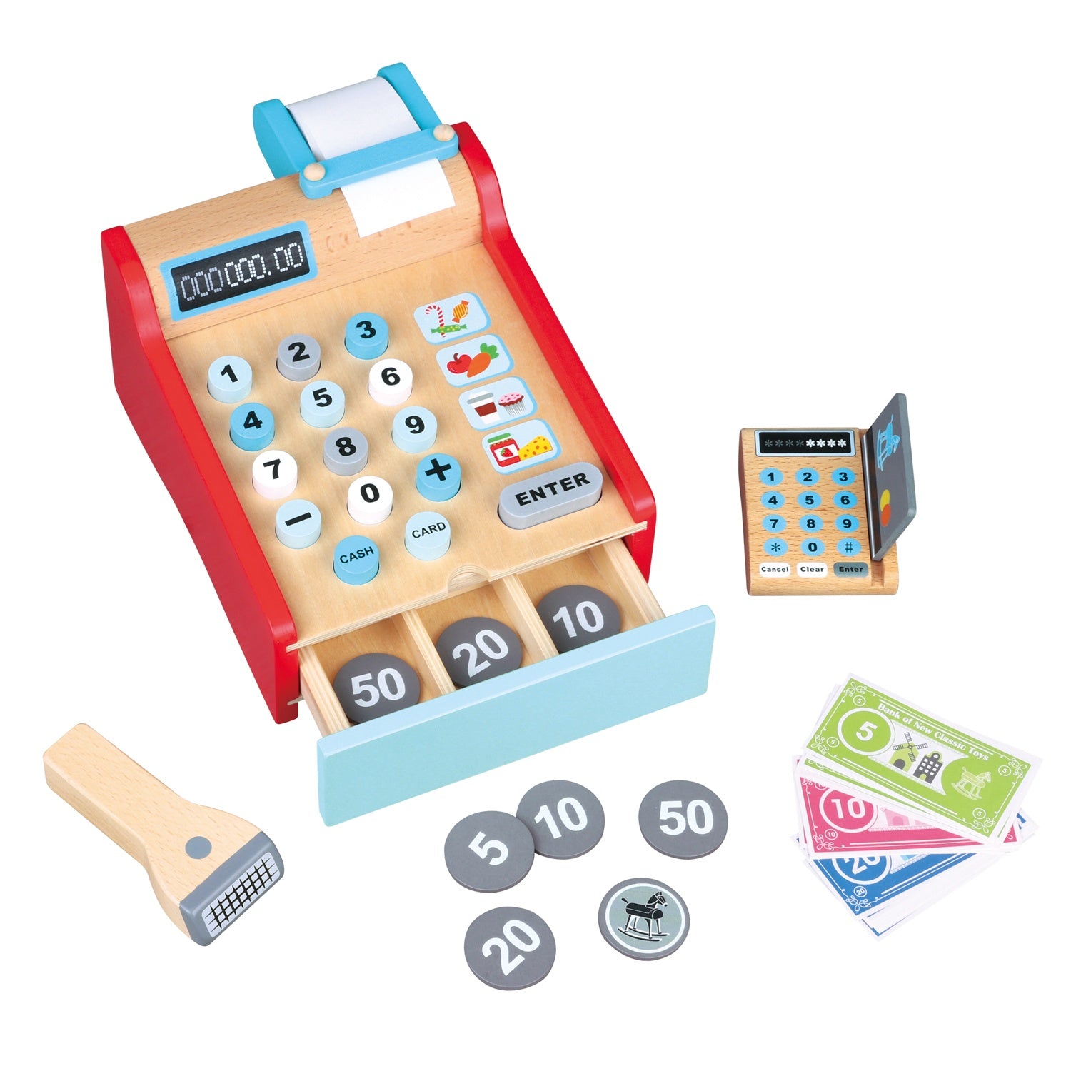 New Classic Toys Cash Register | Role Play Wooden Toy for Kids | Front-View | BeoVERDE.ie