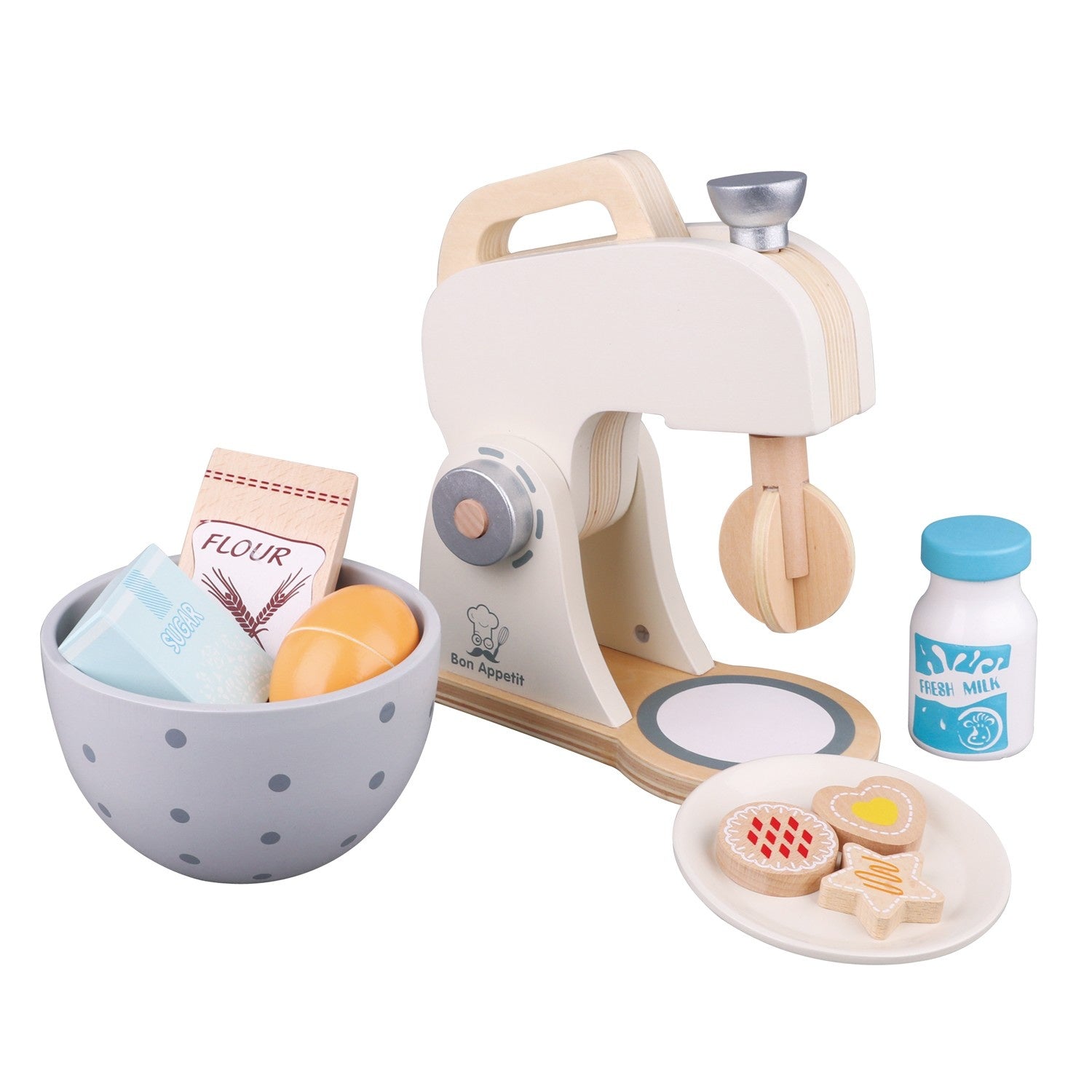 New Classic Wooden Mixer Set | Pretend Play Kitchen Toys | Left Side View | BeoVERDE.ie