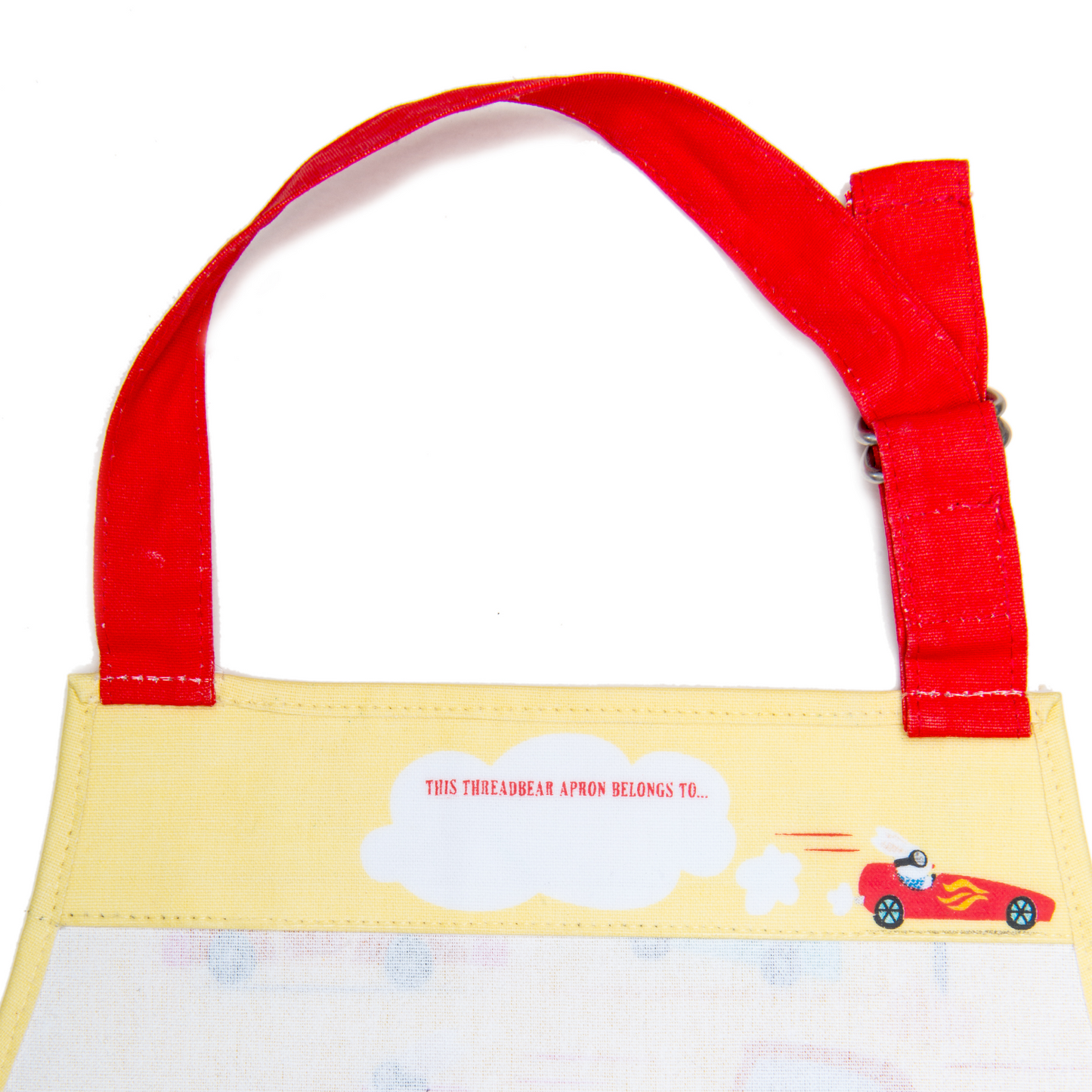 ThreadBear Design Children’s Apron ‘On The Move’ | Closeup Inside Facing Place At Neck To Write Name | BeoVERDE.ie