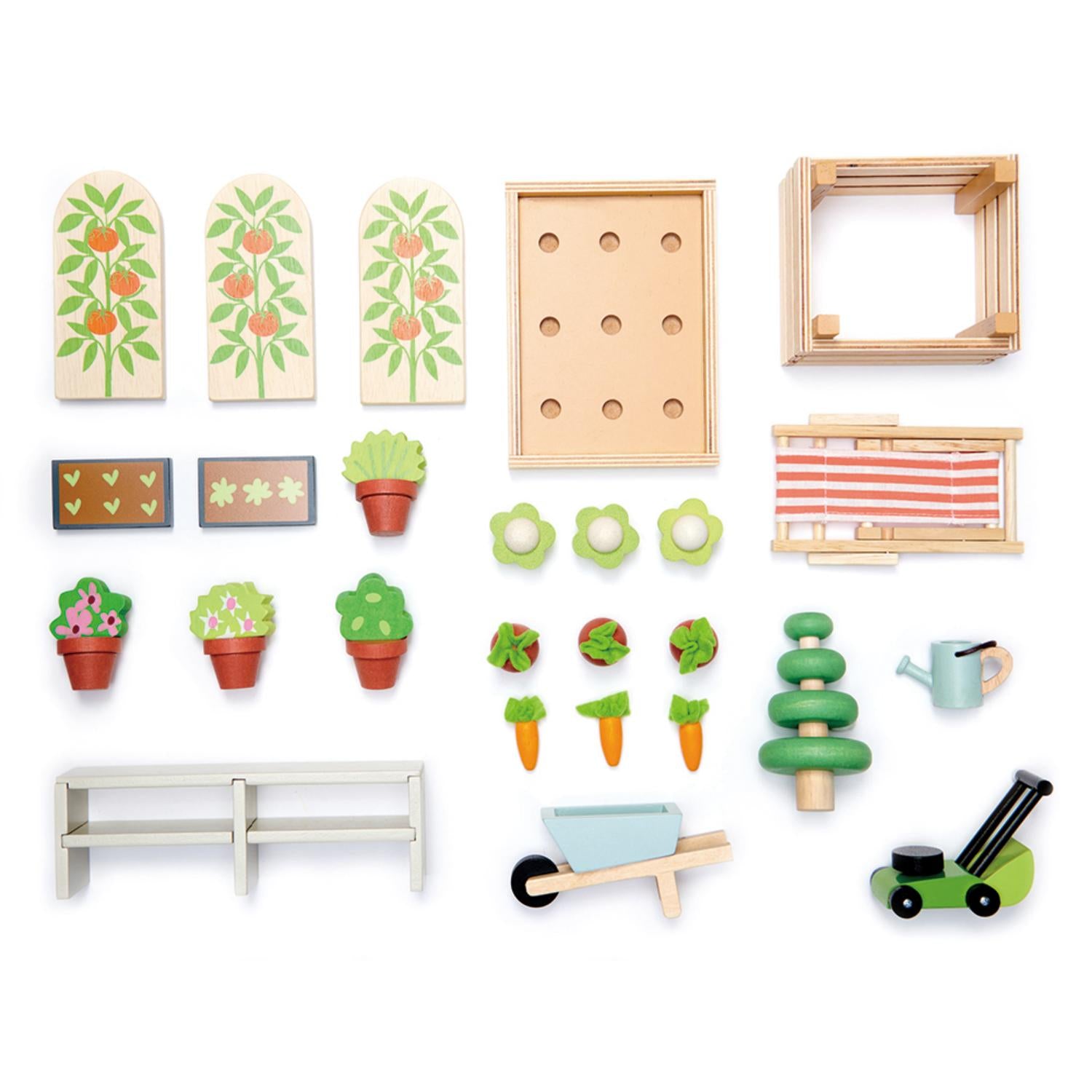 Greenhouse and Garden Set | Wooden Doll House Play Set | Overview All Pieces | BeoVERDE.ie