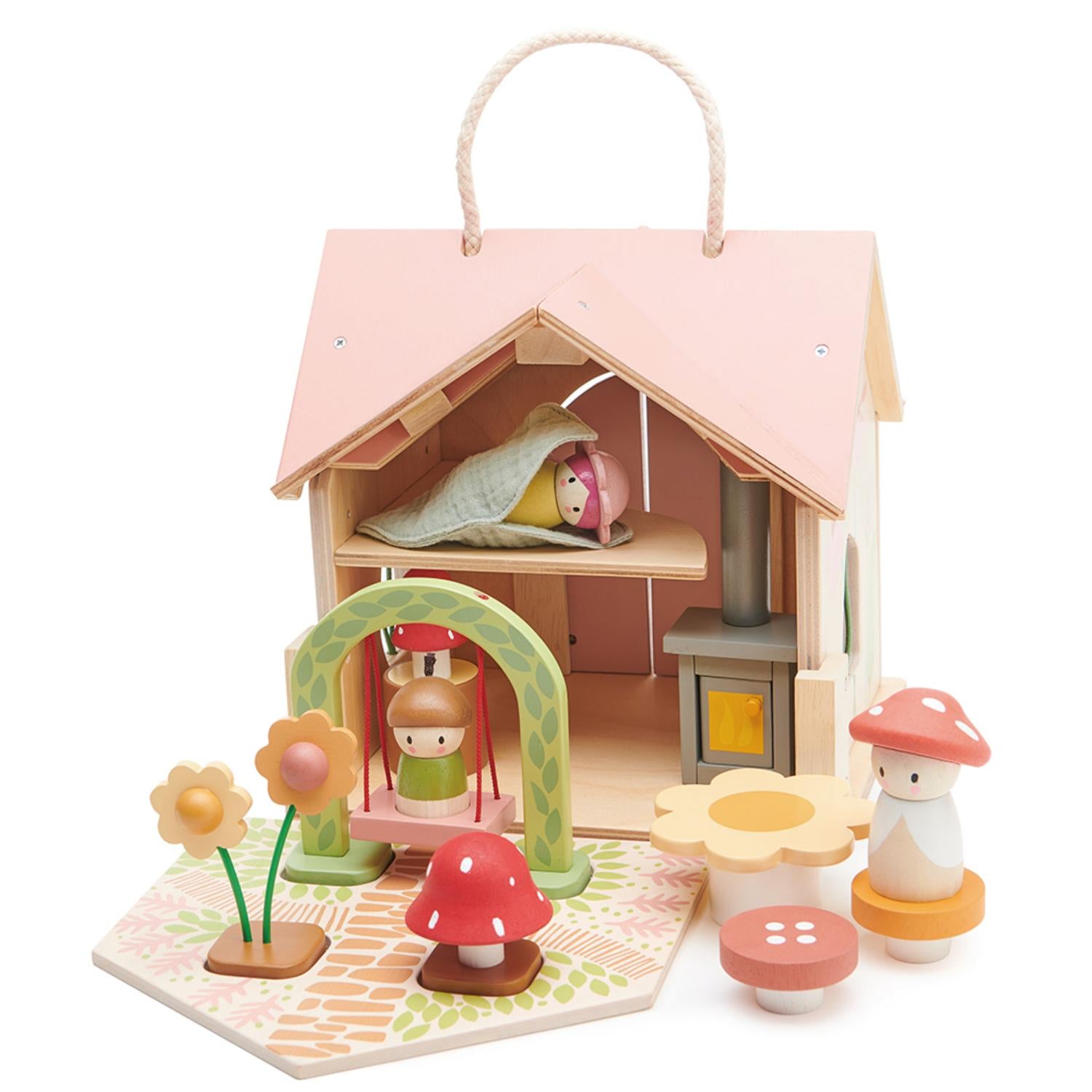 Tender Leaf Toys Rosewood Cottage | Portable Wooden Doll House | Front View – Doors Open | BeoVERDE.ie