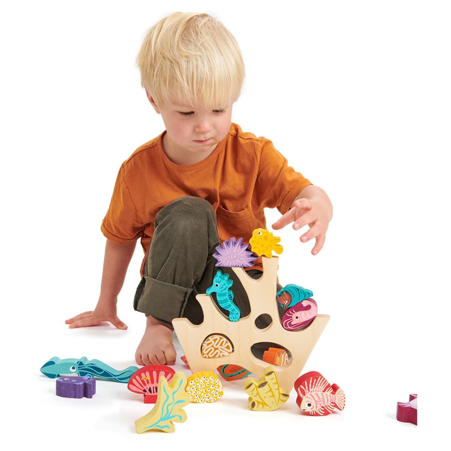 Stacking Coral Reef | Stacking + Balancing Wooden Toy | Lifestyle: Boy Stacking Pieces | BeoVERDE.ie