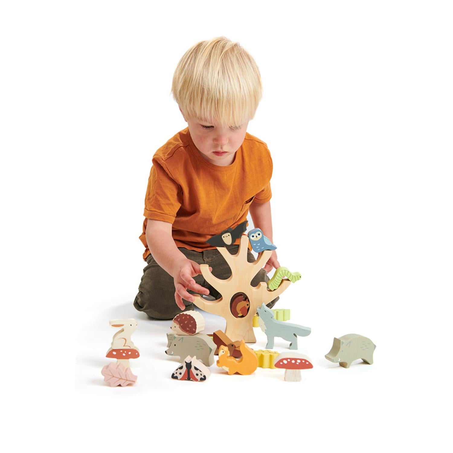 Tender Leaf Toys Stacking Forest | Stacking + Balancing Wooden Toy | Lifestyle: Boy Playing With Stacker | BeoVERDE.ie