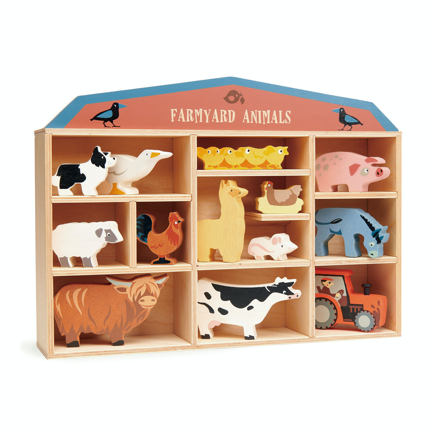 Tender Leaf 13 Farmyard Animals & Shelf Set | Hand-Crafted Wooden Animal Toys | Shelf Side View |BeoVERDE.ie