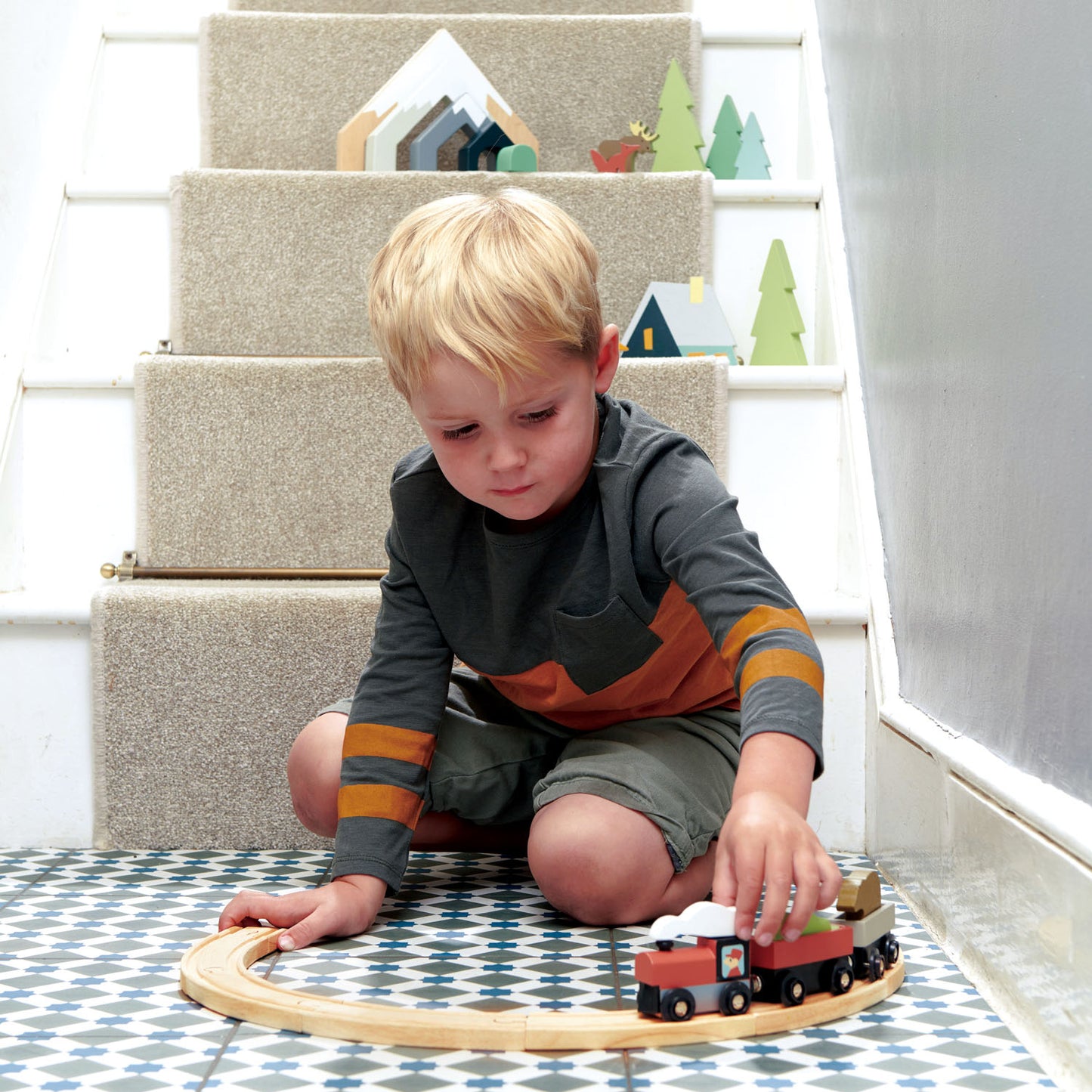 TenderLeaf Treetops Train Set | Hand-Crafted Wooden Animal Toys | Boy Playing On The Floor |BeoVERDE.ie