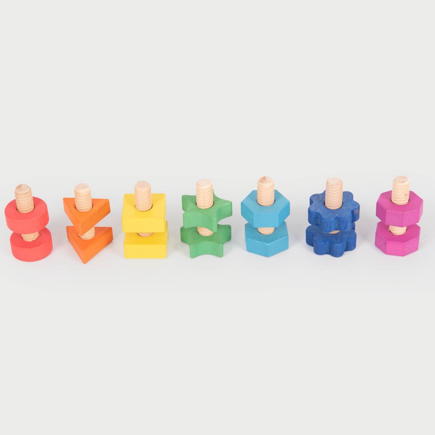 TickiT Rainbow Wooden Nuts & Bolts| Set of 7 Pieces | Wooden Loose Parts | Open-Ended Toys | Front View – All Nuts & Bolts Assembled | BeoVERDE.ie
