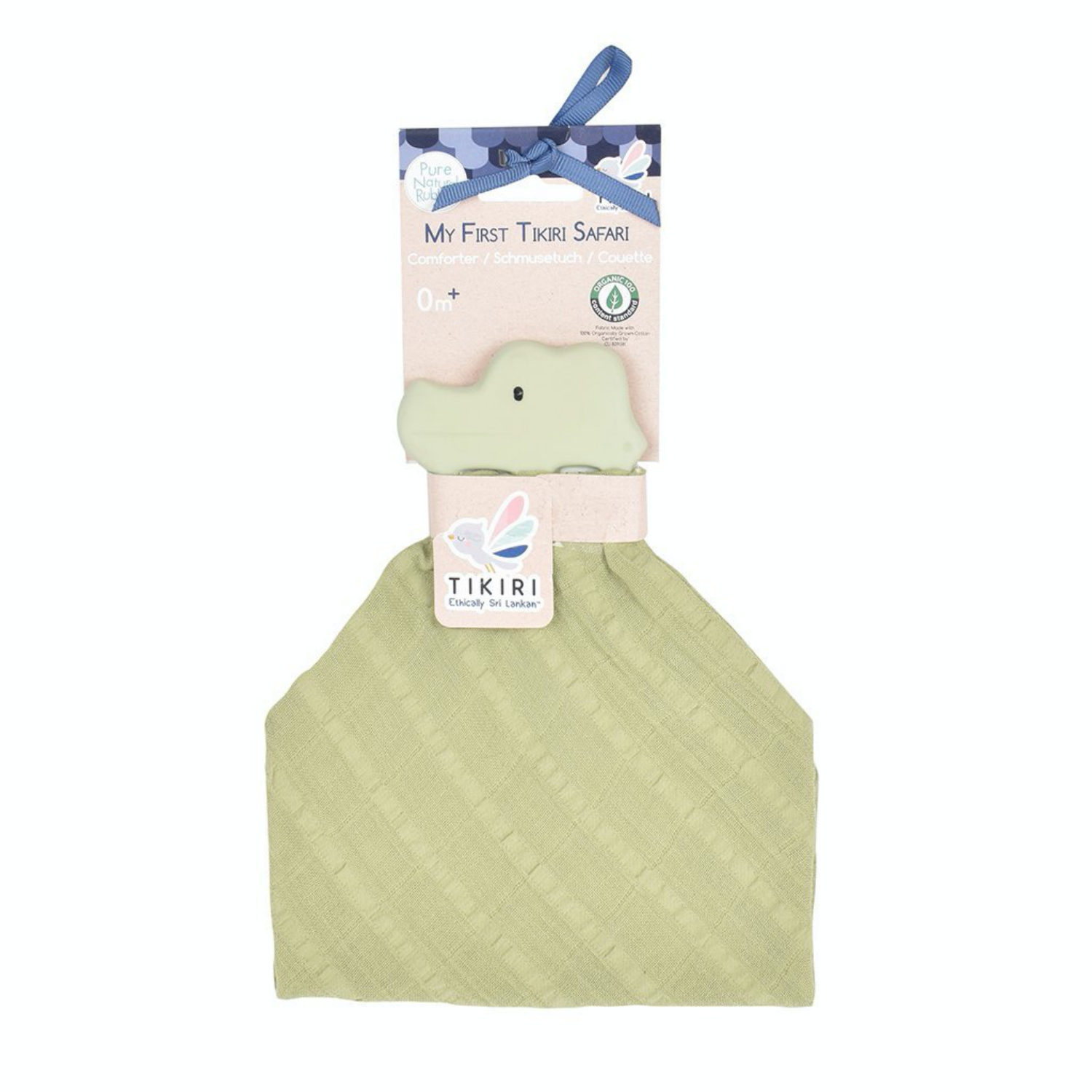 TIKIRI Organic Cotton Comforter & Natural Rubber Teether ‘Crocodile’ | Front & Packaging | BeoVERDE.ie