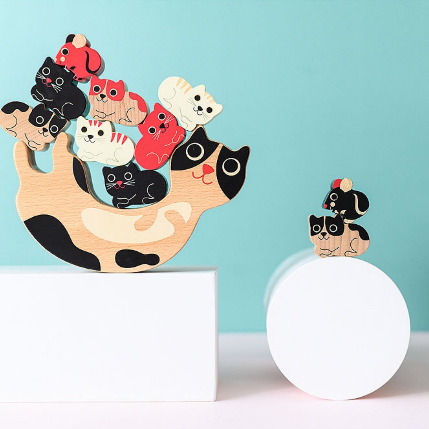 Vilac Catymini Balancing Game Designed by Ingela P. Arrhenius  | Hand-Crafted Wooden Toy | Wooden Stacking Balancing Game | Front View – Lifestyle – Some Kittens on Mother Cat, Mouse on One Kitten | BeoVERDE.ie