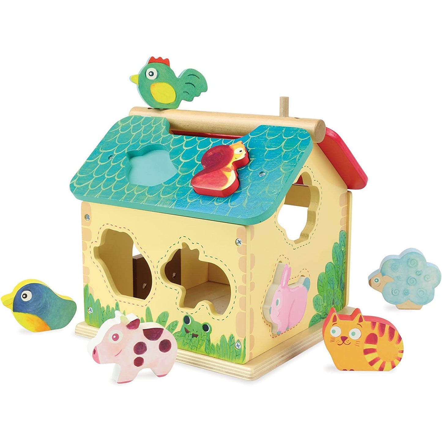 Vilac Farmhouse Shape Sorter with 10 Animals | Wooden Toddler Activity Toy | Side – Green Roof | BeoVERDE.ie