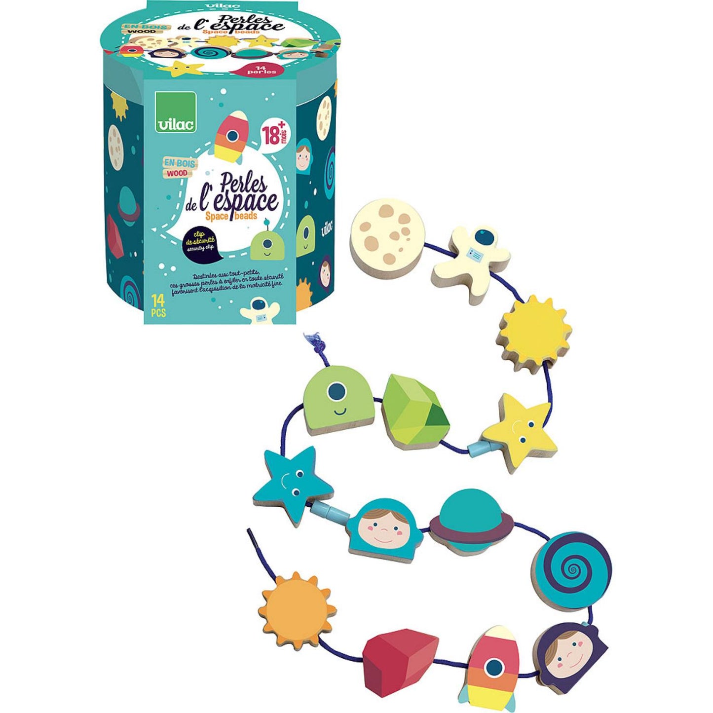 Vilac Lacing Beads Set - In The Stars | Wooden Toddler Activity Toy | Top View – All Beads Laced and Container | BeoVERDE.ie