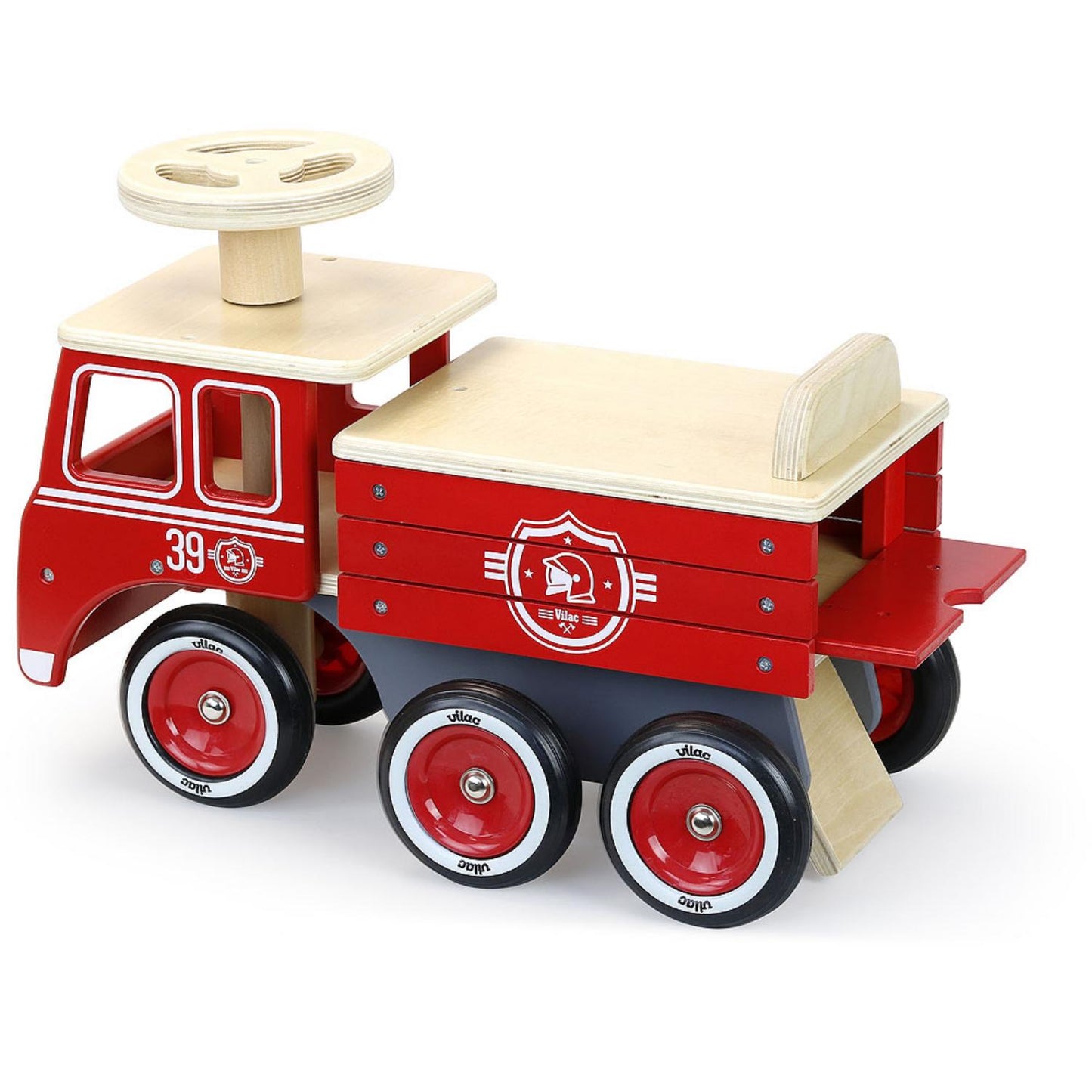 Vilac Ride On Fire Truck | Baby & Toddler Activity Wooden Toy | Side-Back | BeoVERDE.ie