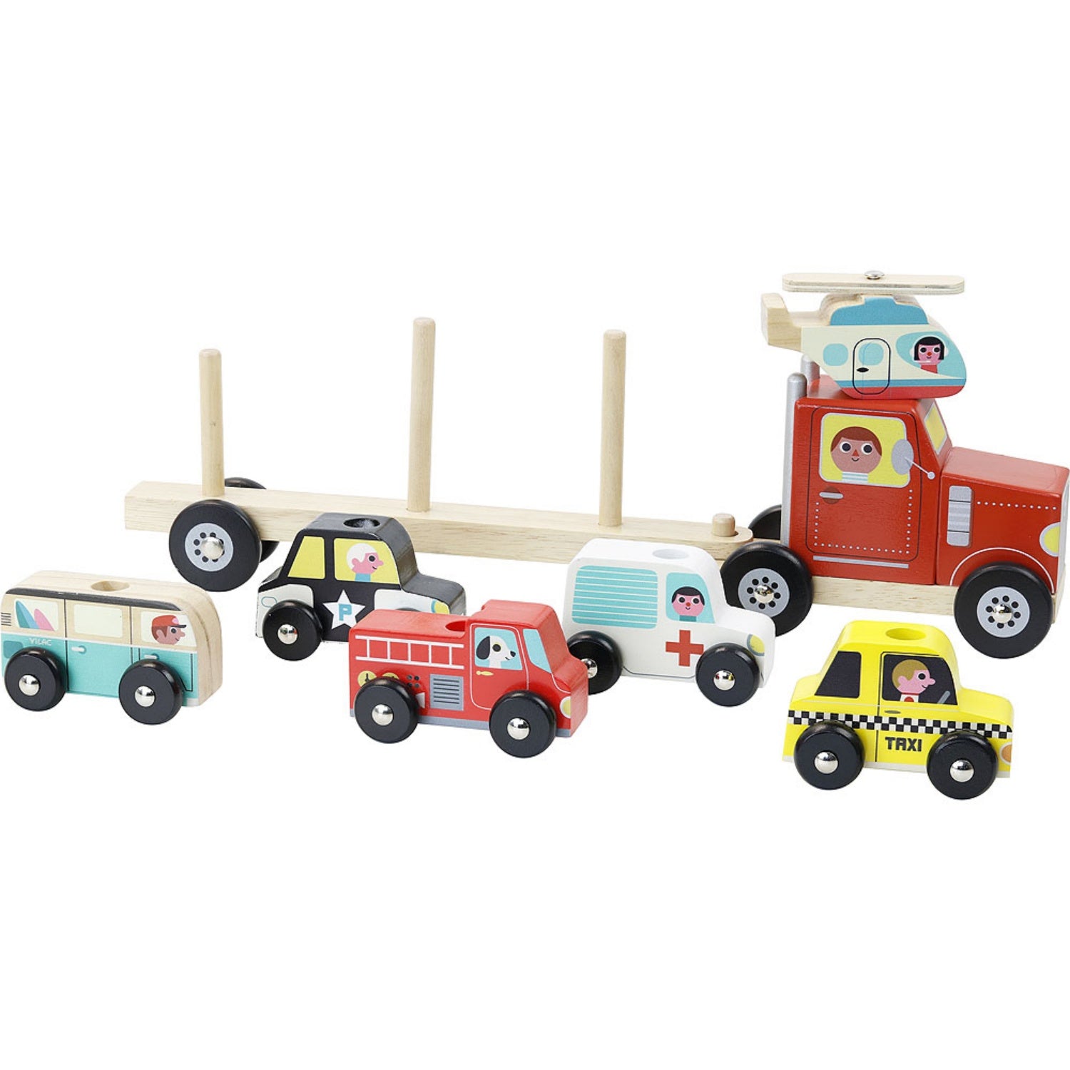 Vilac Stacker Car Transporter 6 Vehicles | Wooden Imaginative Play Toy | Side View  - Vehicles off Trailer | BeoVERDE.ie