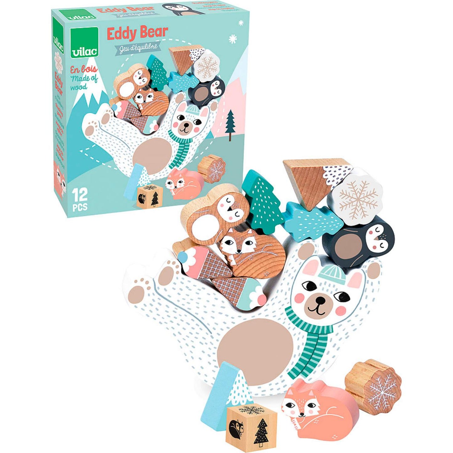 Vilac Eddy the Bear Balancing Game | Stacking + Balancing Wooden Toy | Front View – Eddy the Bear and Packaging | BeoVERDE.ie