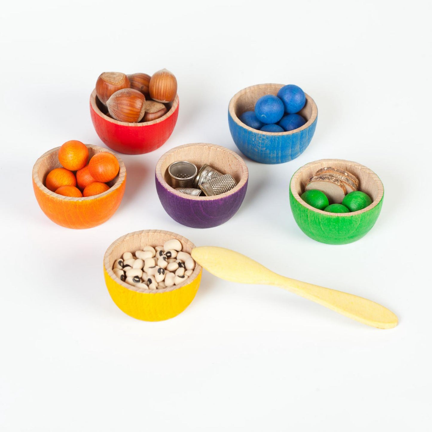 Grapat Bowls & Marbles Set | Wooden Toys for Kids | Open-Ended Play Set | Front View: Bowls filled with toys | BeoVERDE.ie