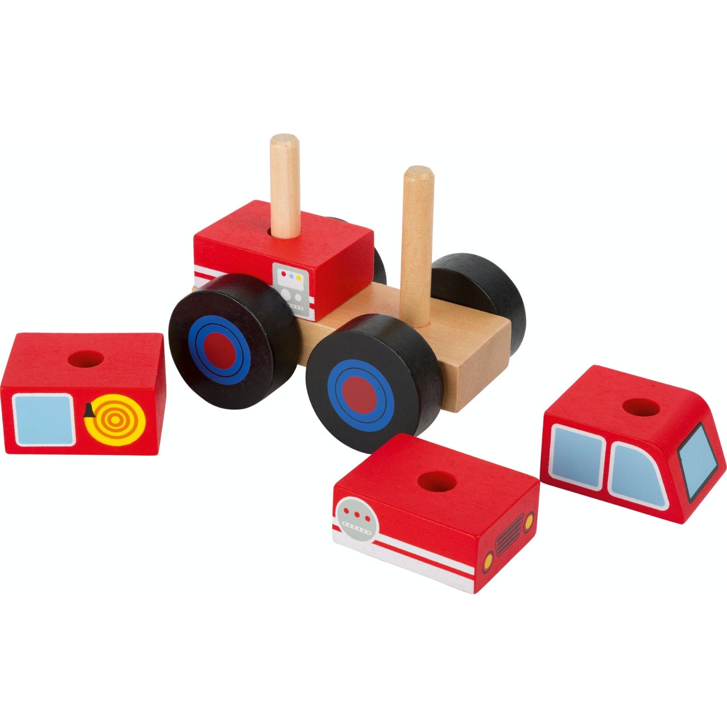Small Foot Wooden Stacker Fire Engine | Baby & Toddler Activity Wooden Toy | Front Side View – All Pieces Removed | BeoVERDE.ie
