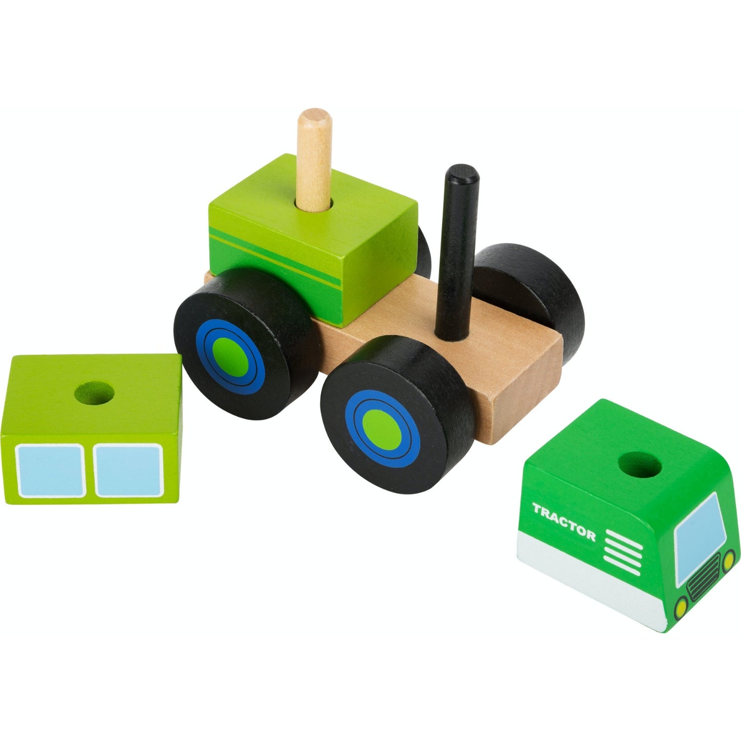 Small Foot Wooden Stacker Tractor | Baby & Toddler Activity Wooden Toy | Front Side View – All Pieces Removed | BeoVERDE.ie