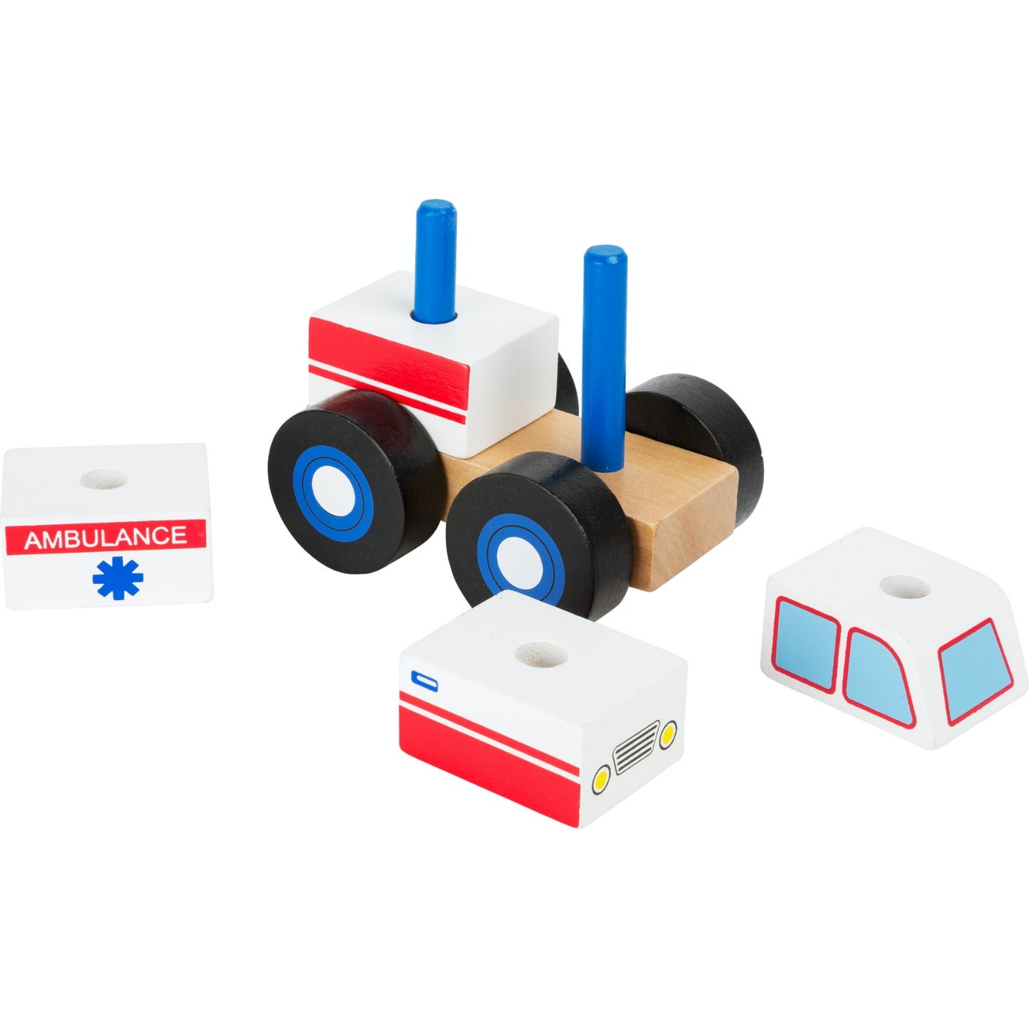 Small Foot Wooden Stacker Ambulance | Baby & Toddler Activity Wooden Toy | Front Side View – All Pieces Removed | BeoVERDE.ie