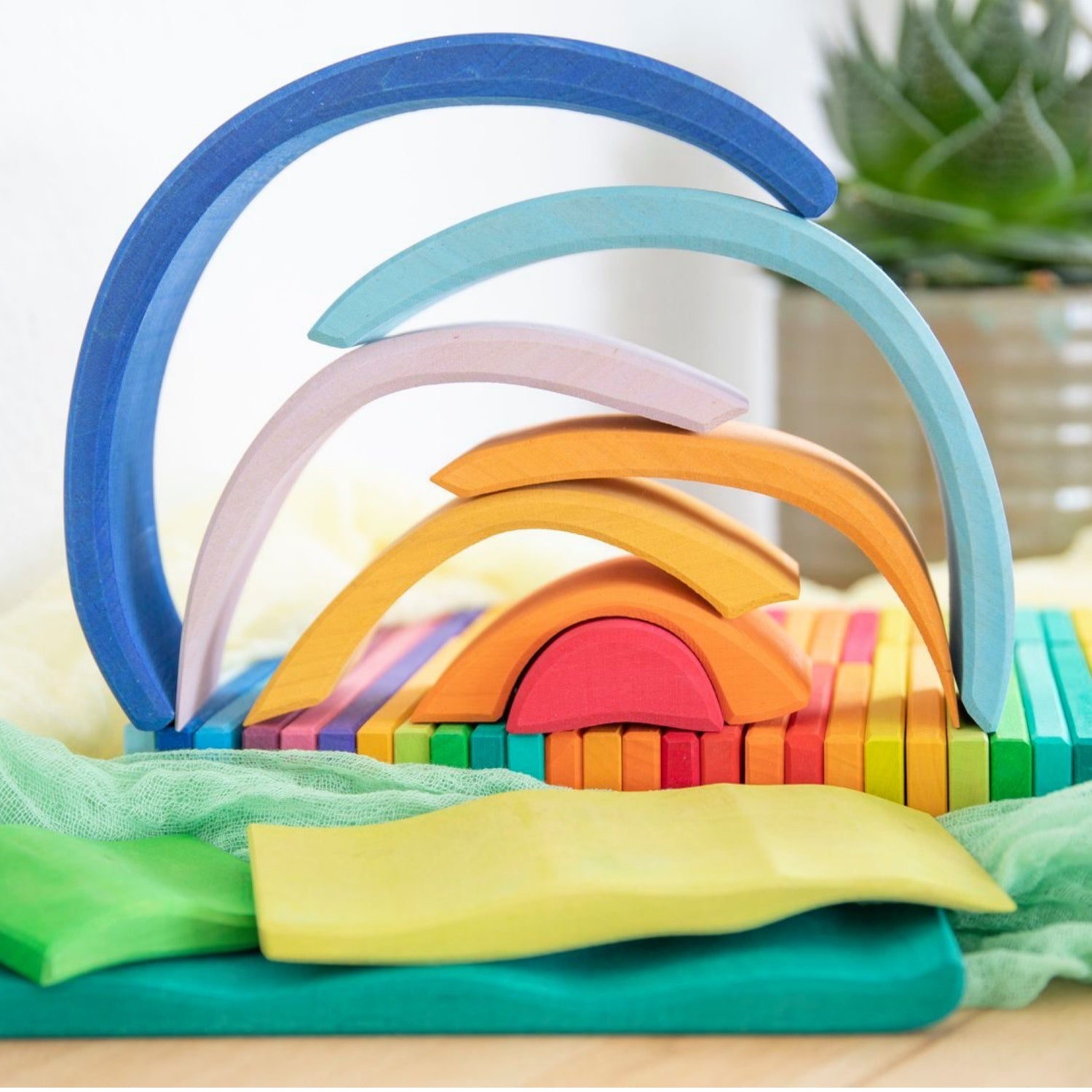 Gluckskafer Blue Wooden Sunrise Set | Imaginative Play Wooden Toys | Waldorf Education and Montessori Education | Lifestyle: Blue Wooden Sunrise Set Arches Stacked Up | BeoVERDE.ie