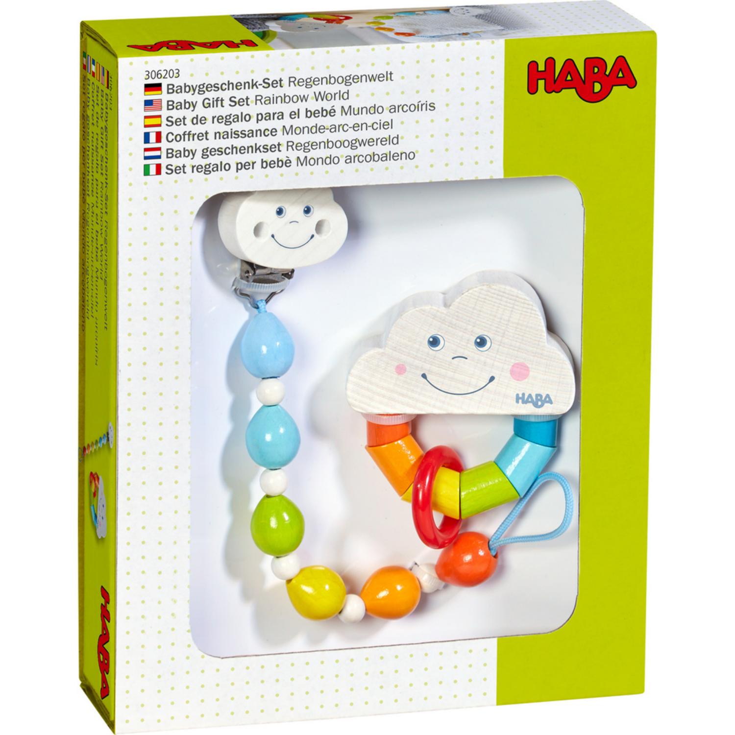HABA Rainbow Dummy Clip + Rattle Gift Set | Baby’s First Wooden Toy | | Front View - Packaging | BeoVERDE.ie