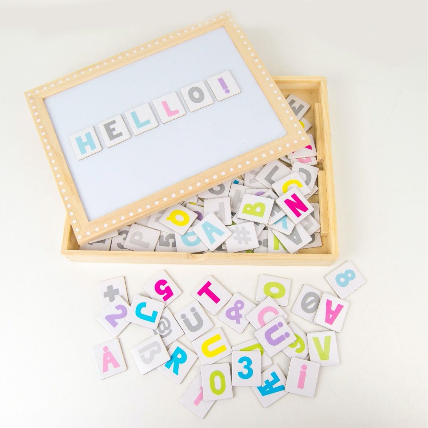 JaBaDaBaDo Magnetic Letters & Numbers Board | Wooden Educational Toy | Front View – Open Box | BeoVERDE.ie
