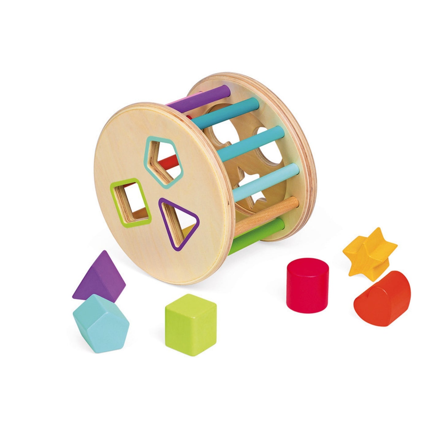 Janod Wooden Shape Sorter Drum | Baby and Toddler Activity Wooden Toy | Drum Sideways and Pieces Outside | BeoVERDE.ie