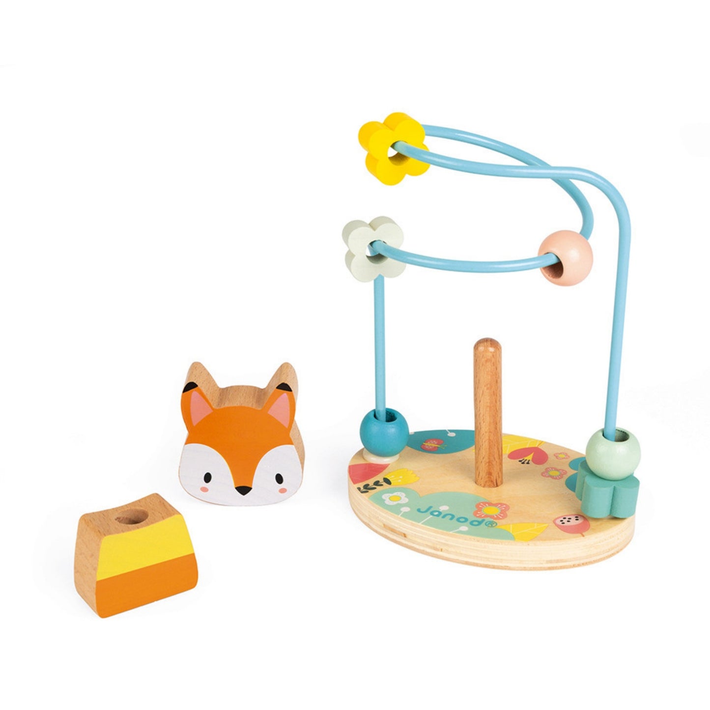 Janod Stackable Fox & Bead Maze | Wooden Toddler Activity Toy | Front View – Fox Disassembled Left | BeoVERDE.ie