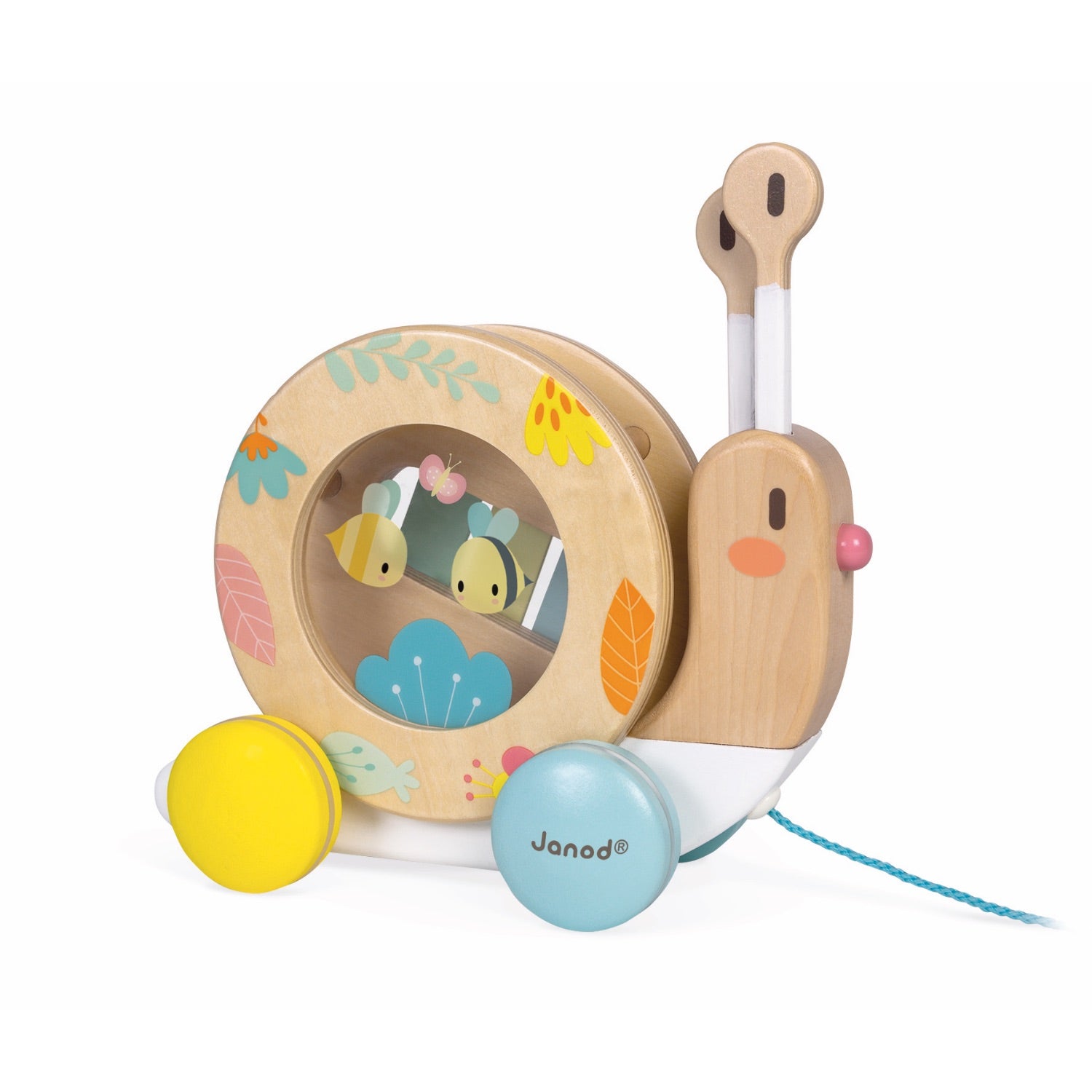 Janod Pure Pull-Along Snail | Wooden Toddler Activity Toy | Right Side View Drum | BeoVERDE.ie