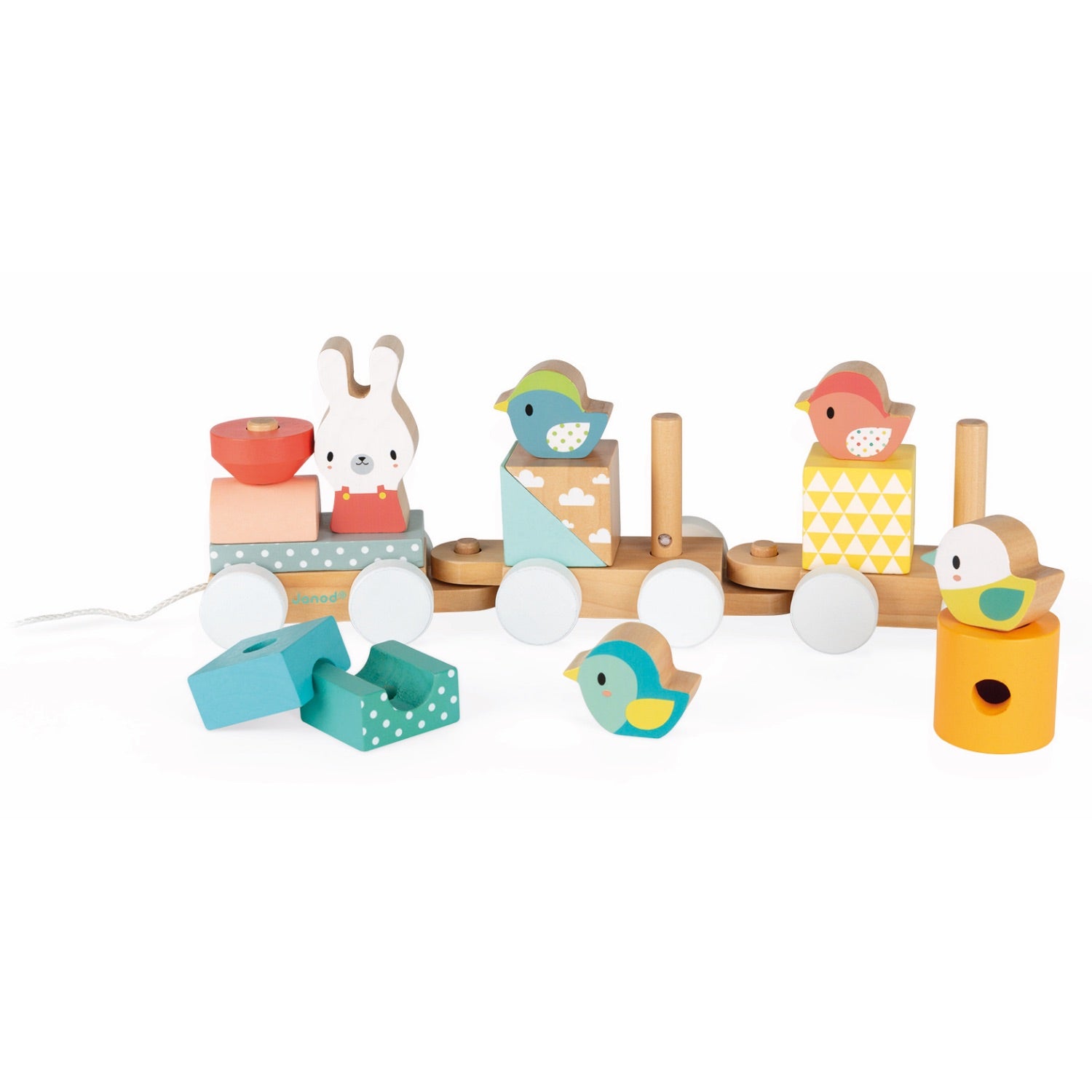 Janod Pure Wooden Train | Wooden Toddler Activity Toy | Left Side View with Blocks | BeoVERDE.ie