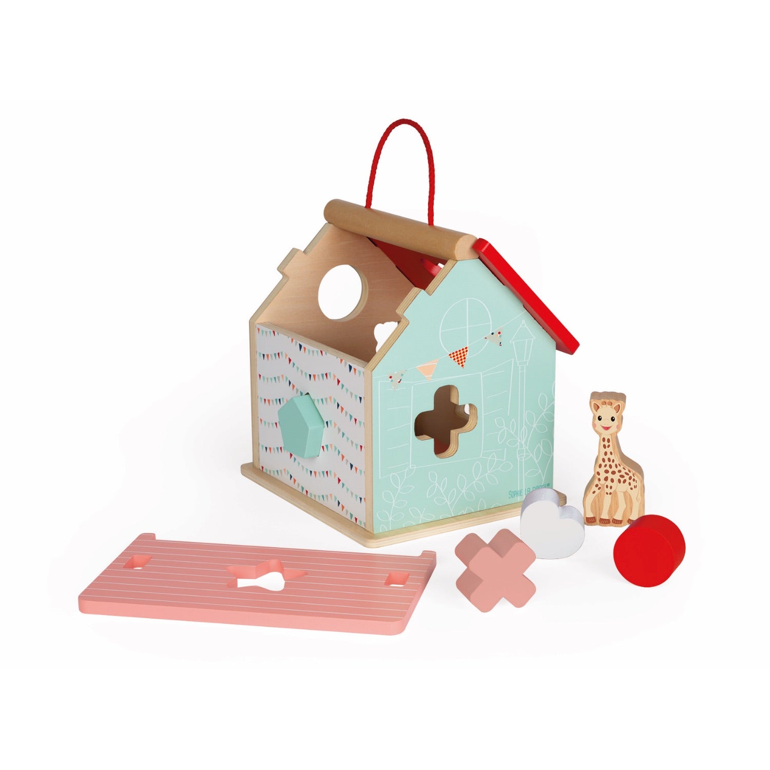 Sophie la girafe Shape Sorting House | Wooden Toddler Activity Toy | Back Left Side View – Roof Detached | BeoVERDE.ie