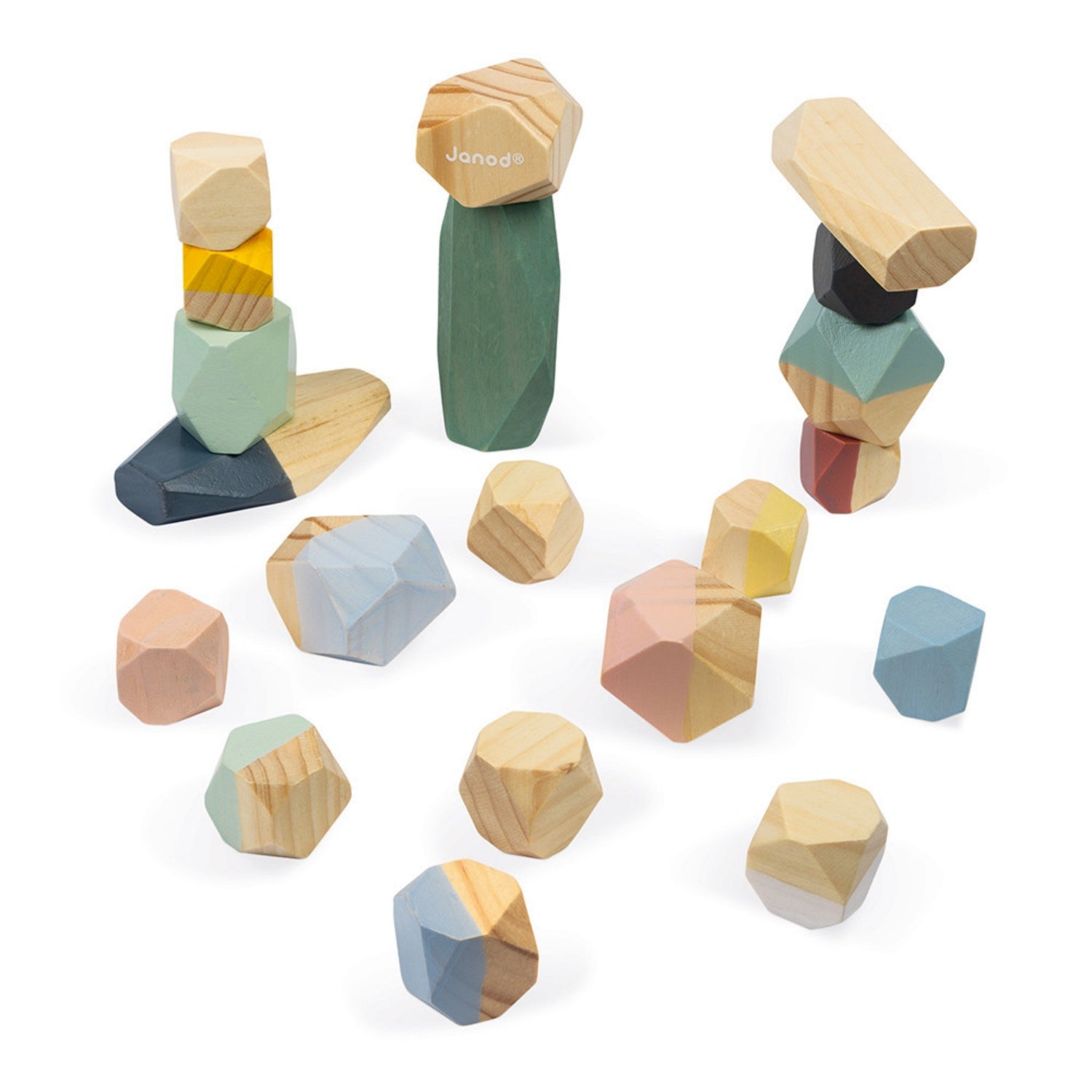 Janod Sweet Cocoon Stacking Stones | Scandi Style Wooden Toy | Top View Stones Partially Stacked Up | BeoVERDE.ie