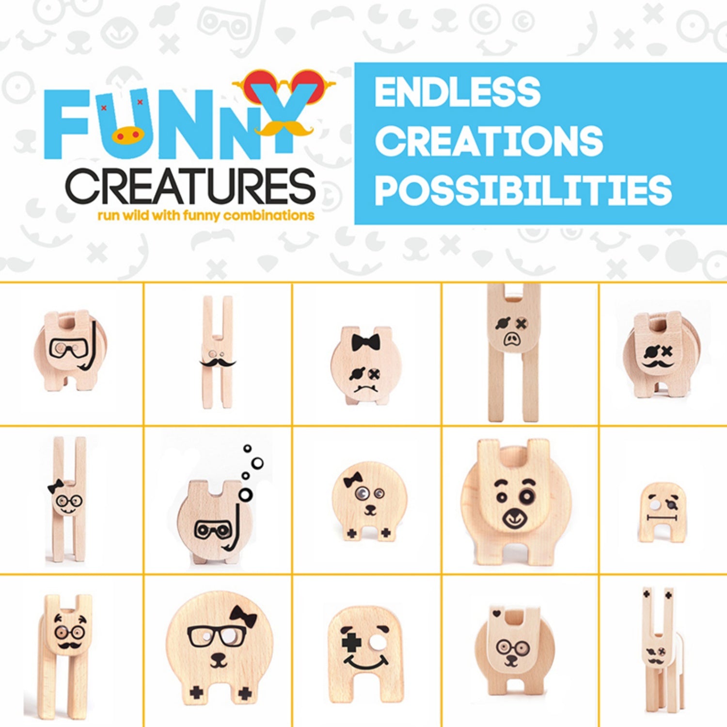 Kipod Toys Funny Creatures | Creative Wooden Toy Play Set | Wooden Assembly Puzzle & Game | Figure Samples | BeoVERDE.ie