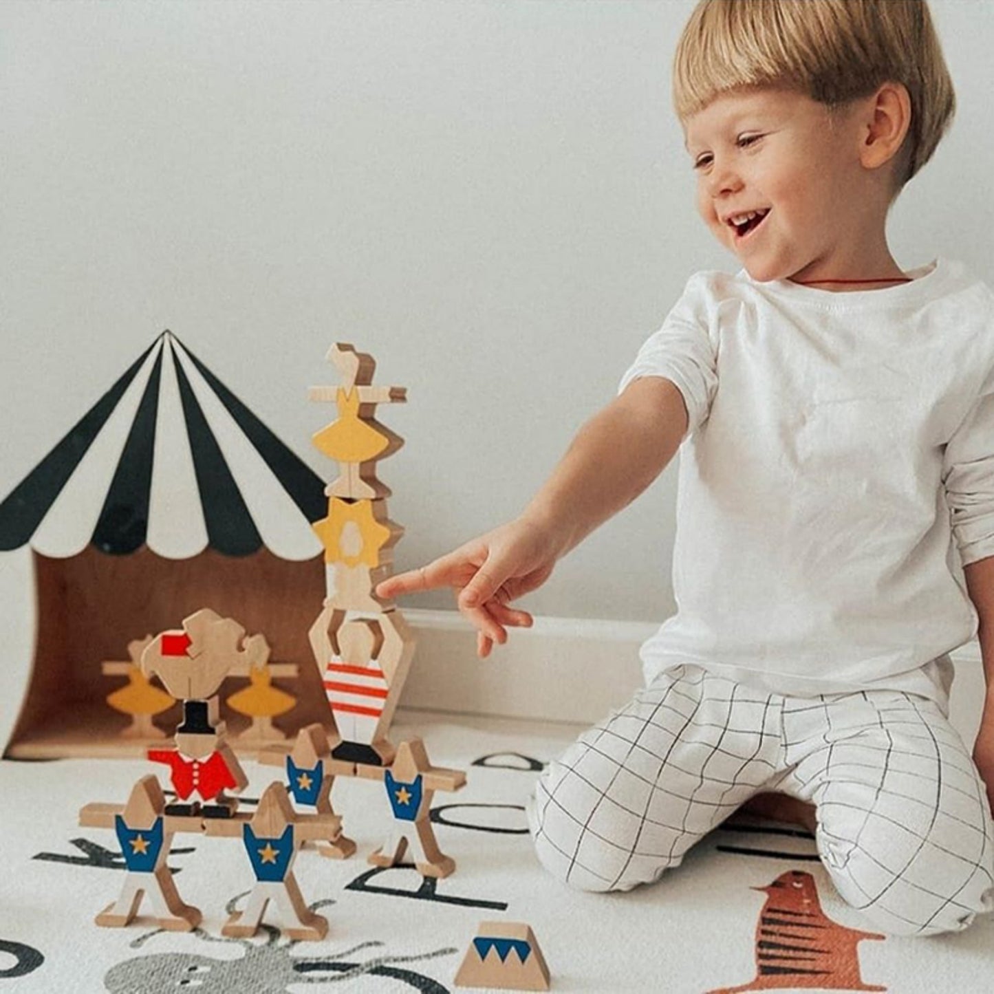 Kipod Toys  ‘Ta-Da’ Balancing Circus | Hand-Crafted Wooden Toy | Wooden Stacking and Balancing Game | Lifestyle – Boy Playing | BeoVERDE.ie