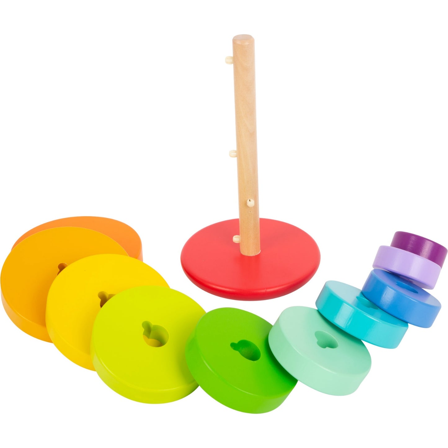 Large Wooden Rainbow Stacker | Baby & Toddler Activity Toy | Legler Toys | Front View – Rings in Front of Stacker | BeoVERDE.ie
