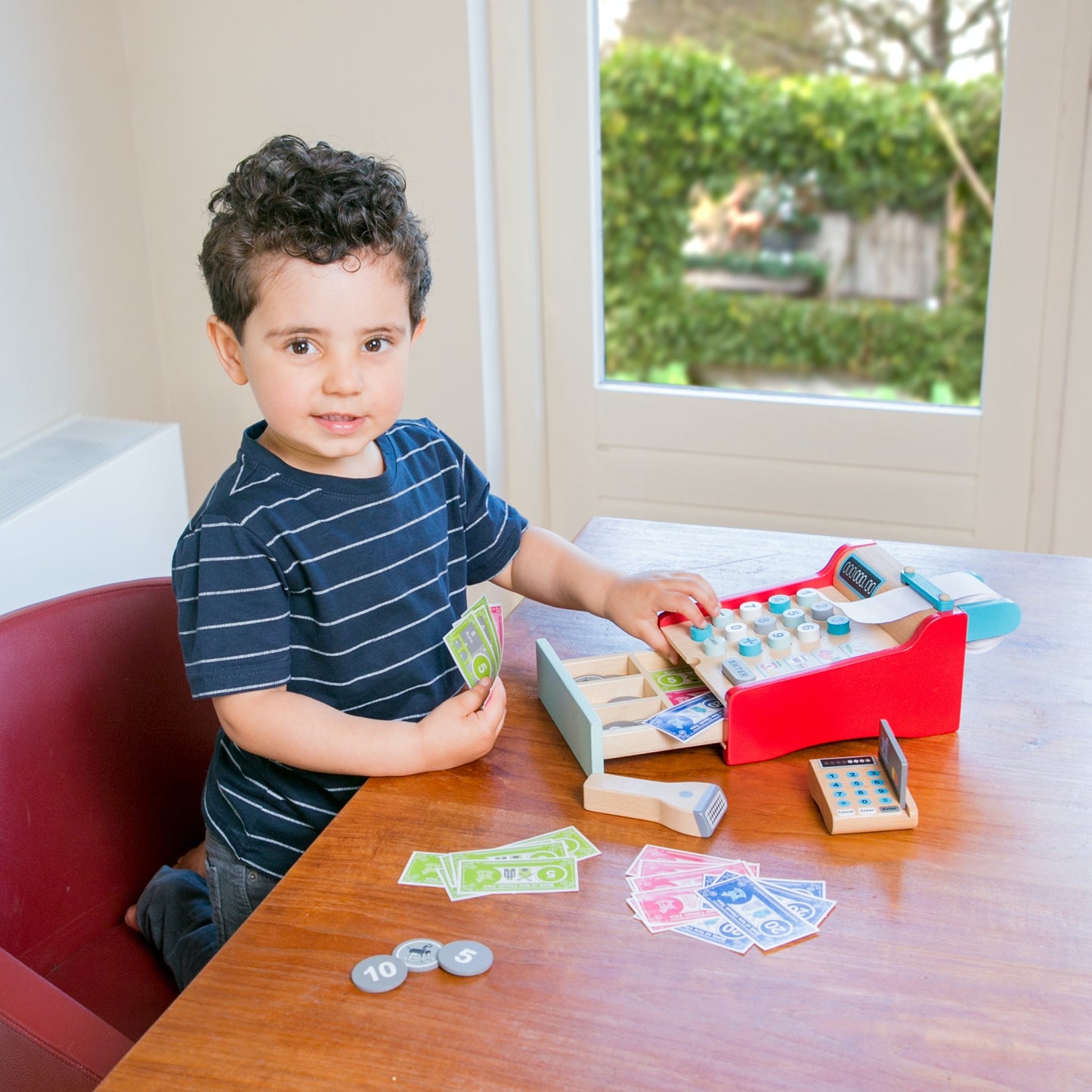 New Classic Toys Cash Register | Role Play Wooden Toy for Kids | Lifestyle: Boy Holding Money | BeoVERDE.ie