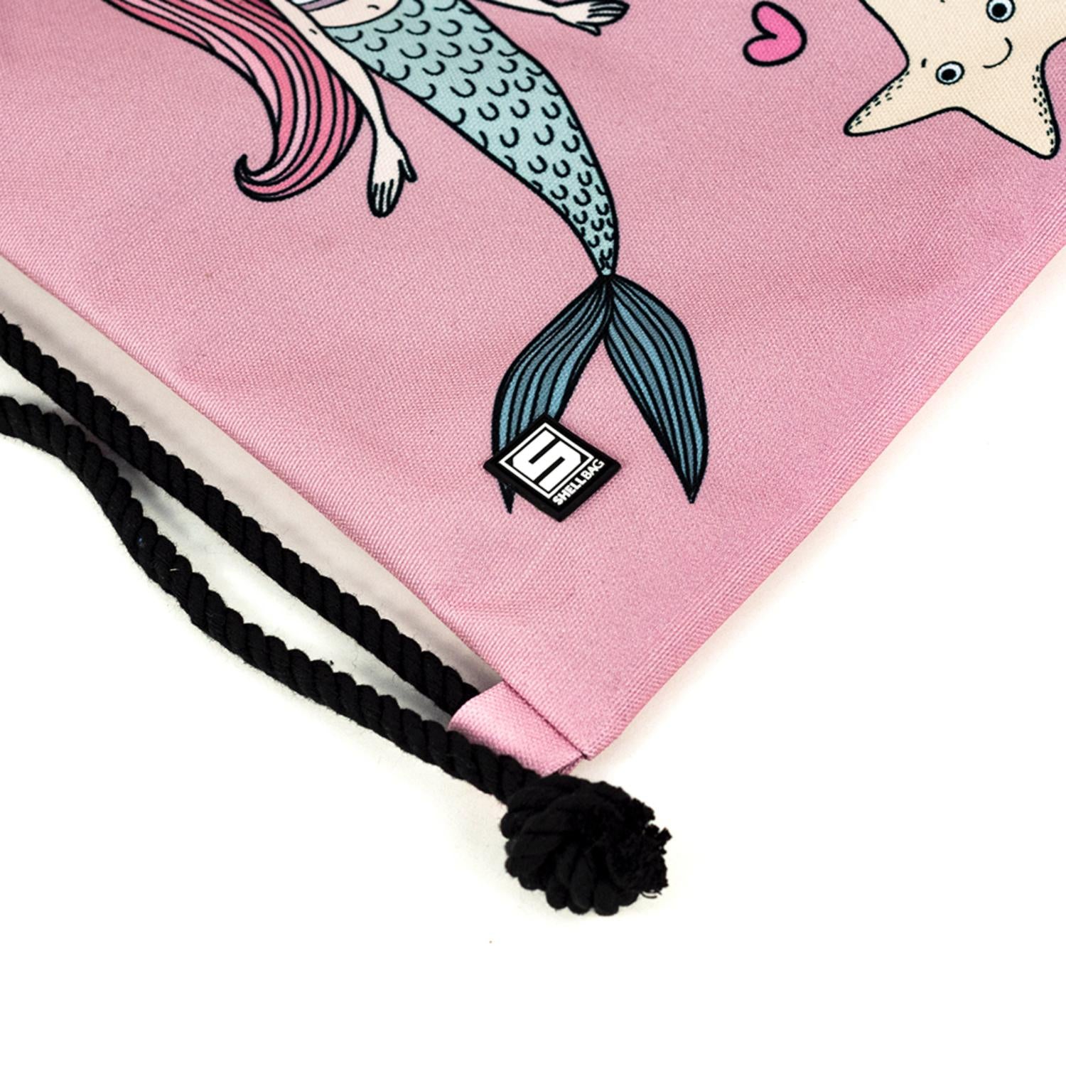 Shellbag Little Mermaid Drawstring Bag | Kid’s Backpack for Creche, Nursery & School | Closeup – Drawstring and Logo | BeoVERDE.ie
