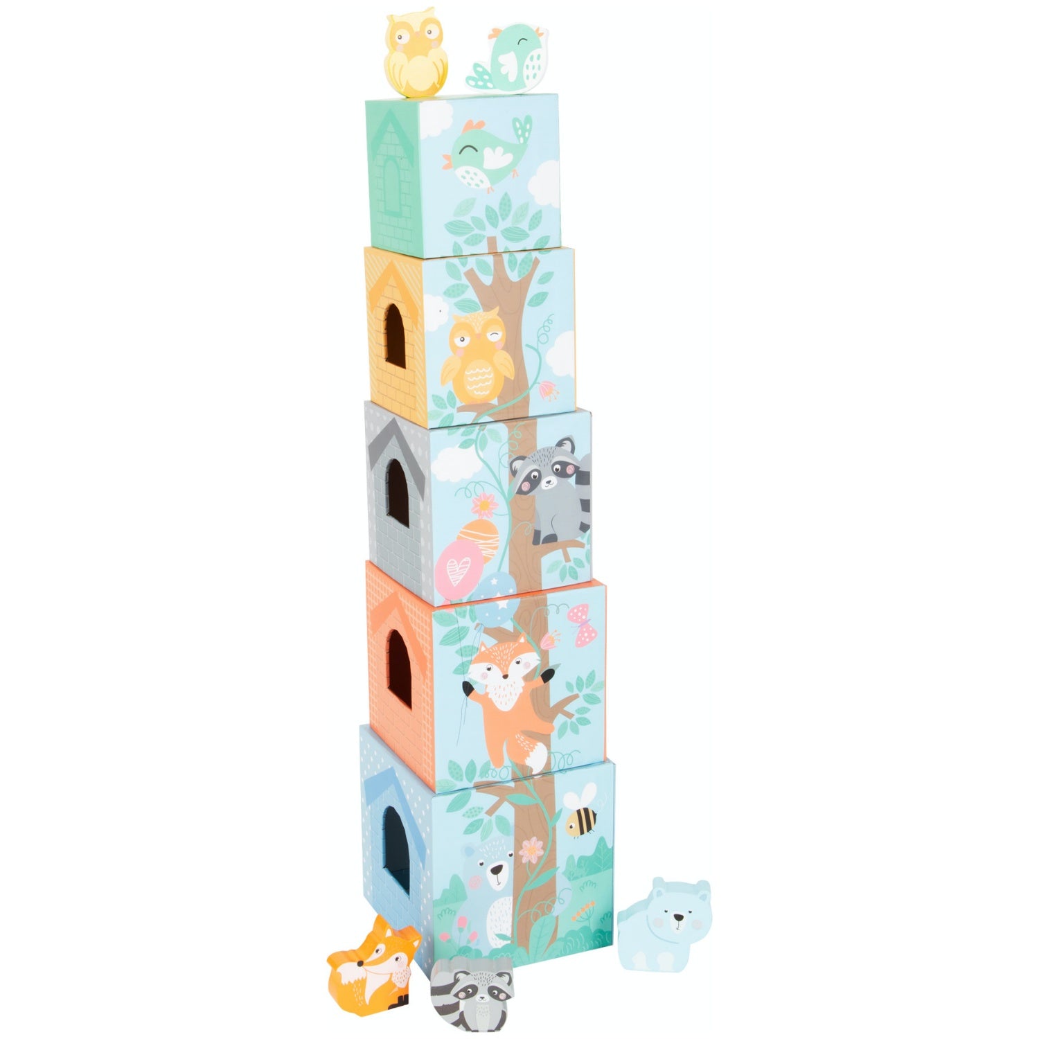 Small Foot Stacking Cubes With 5 Forest Animals | Wooden Imaginative Play Toy | Tower – Opposite Side View with Wooden Animals | BeoVERDE.ie