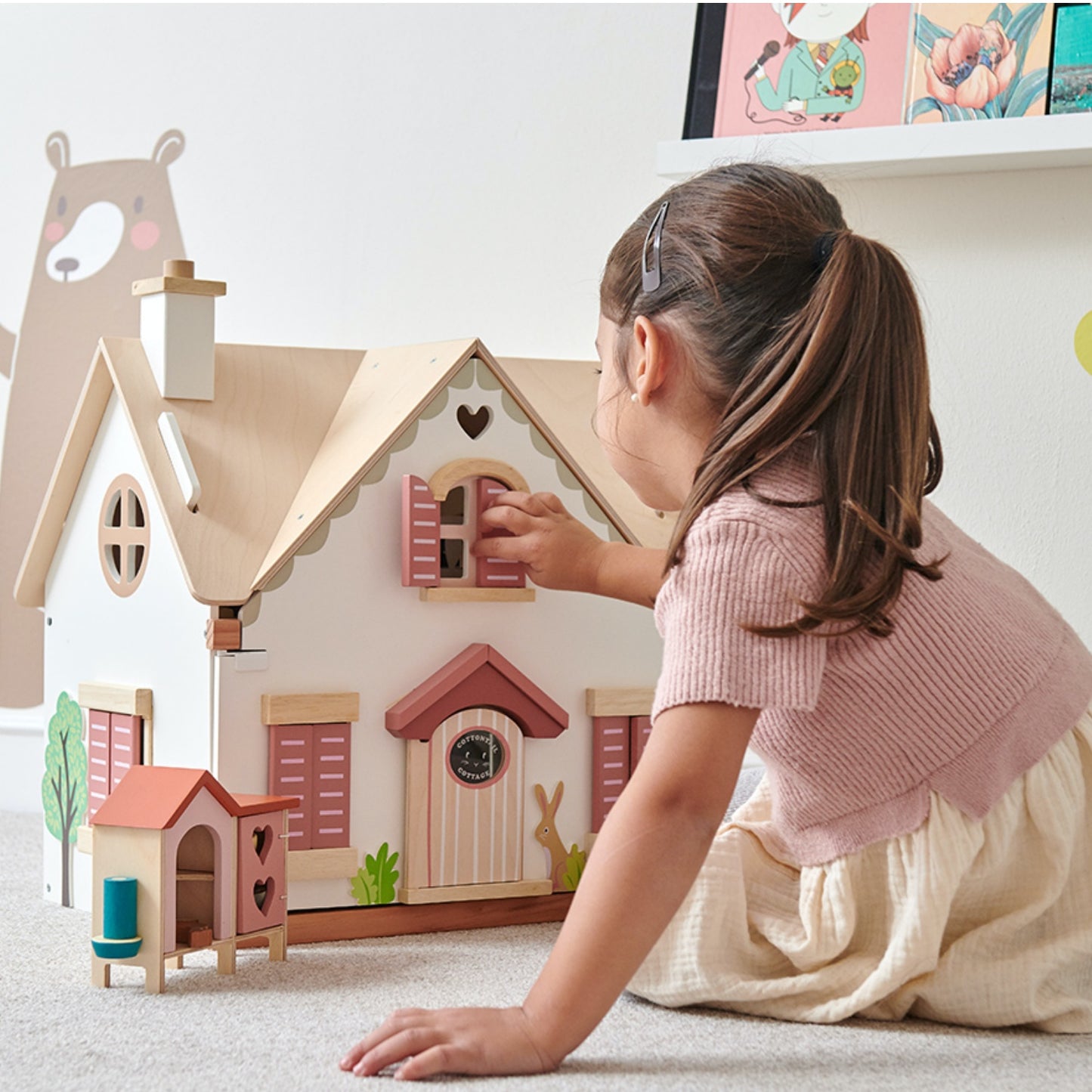 Tender Leaf Toys Cottontail Cottage | Wooden Doll's House Including Furniture | Lifestyle – Girl Playing | BeoVERDE.ie