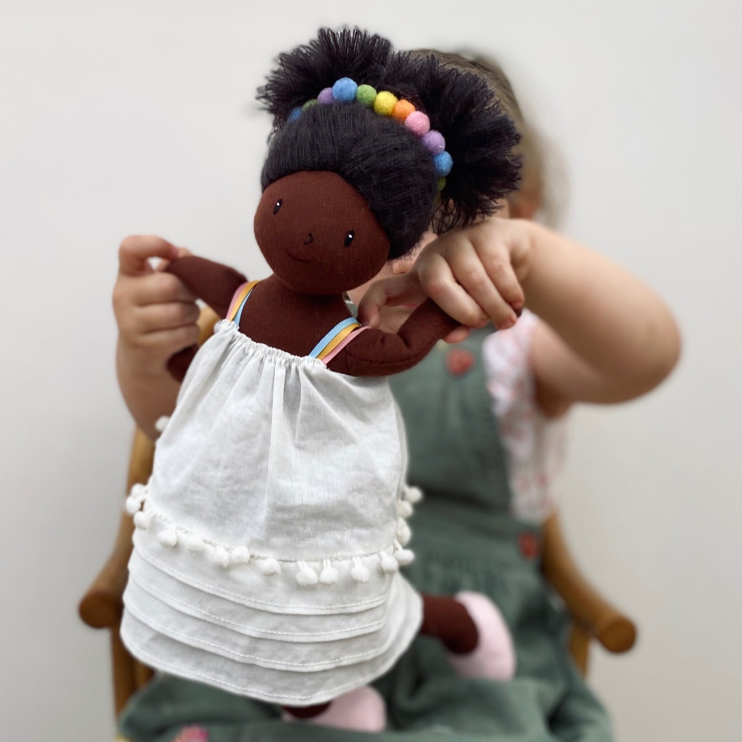 ThreadBear Design Esme Rainbow Rag Doll | Hand-Crafted Rag Doll | Soft Cotton Children’s Doll | Lifestyle – Girl Holding Rag Doll Esme | BeoVERDE.ie