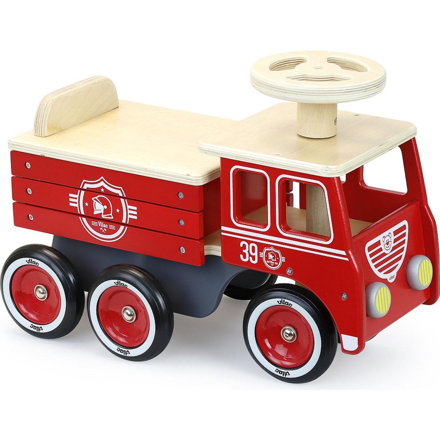 Vilac Ride On Fire Truck | Baby & Toddler Activity Wooden Toy | Close-up: Right Side-Front View | BeoVERDE.ie