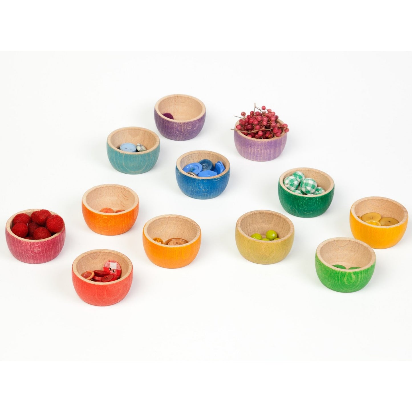 Grapat 12 Bowls | Wooden Toys for Kids | Open-Ended Play Set | Front View: Bowls Filled with Items | BeoVERDE.ie