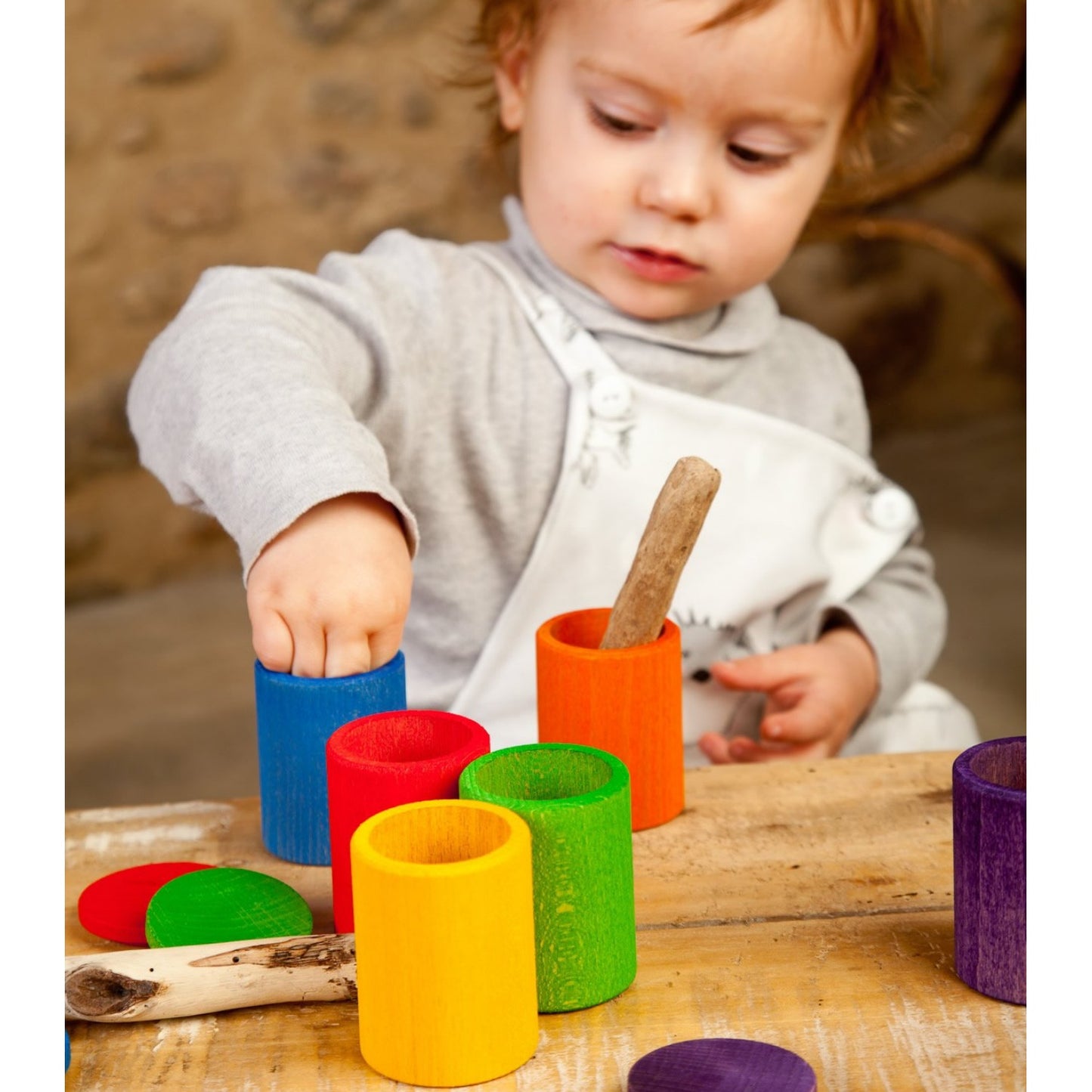 Grapat 6 Coloured Cups With Lids | Wooden Toys for Kids | Open-Ended Play Set | Lifestyle: Toddler Playing with Coloured Cups | BeoVERDE.ie