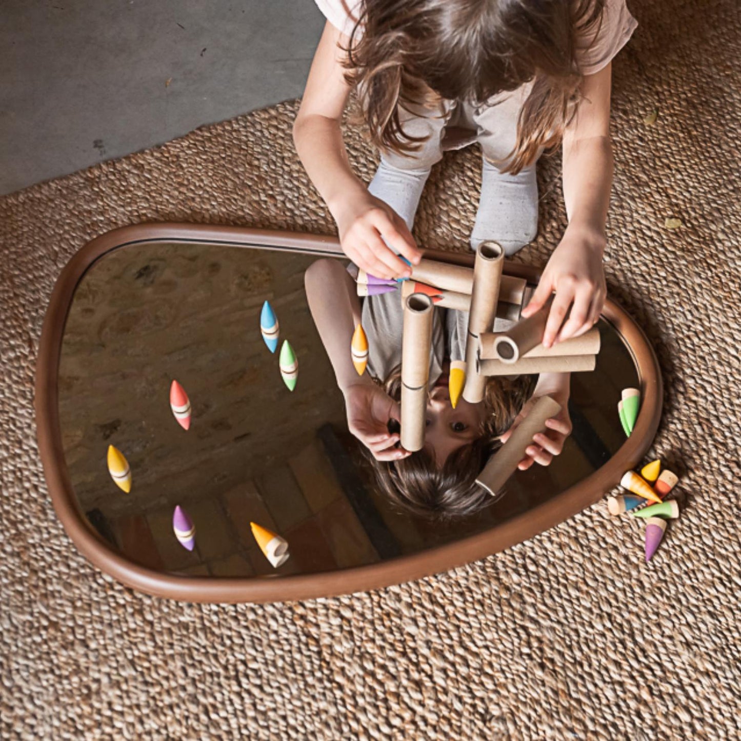Grapat Baby Sticks | Wooden Toys for Kids | Open-Ended Play Set | Lifestyle: Girl Playing Grapat Baby Sticks and Tubes | BeoVERDE.ie
