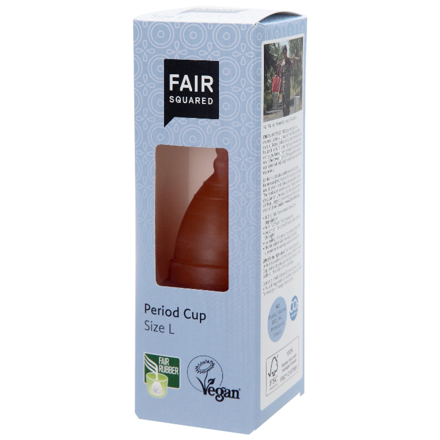 FAIR SQUARED Period-Cup L | Fairtrade Vegan | Box Front | BeoVERDE.ie