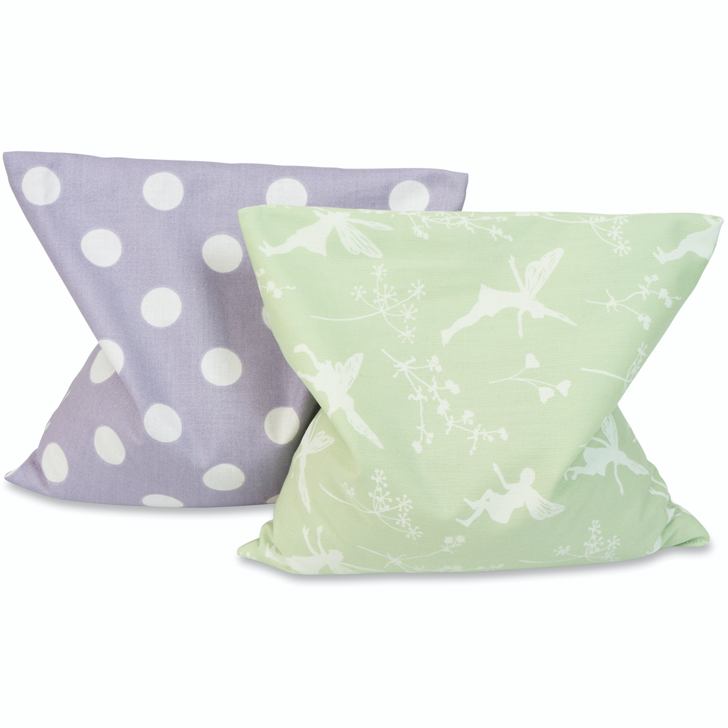 Large Organic Warming Pillow for Babies and Young Children | Front Style Light- Green Fairy Dream and Style Violet & Dots | Organic Rapeseeds and Organic Cotton | BeoVERDE.ie