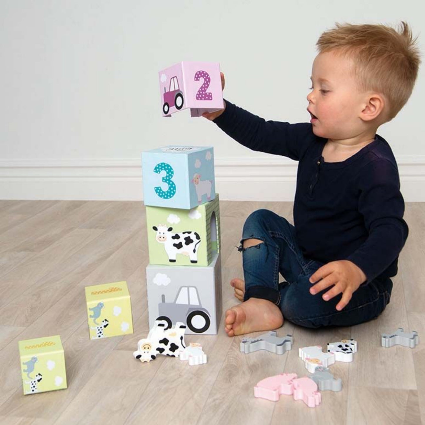 JaBaDaBaDo Stacking Cubes Animal | Wooden Imaginative Play Toy | Lifestyle – Boy Playing | BeoVERDE.ie