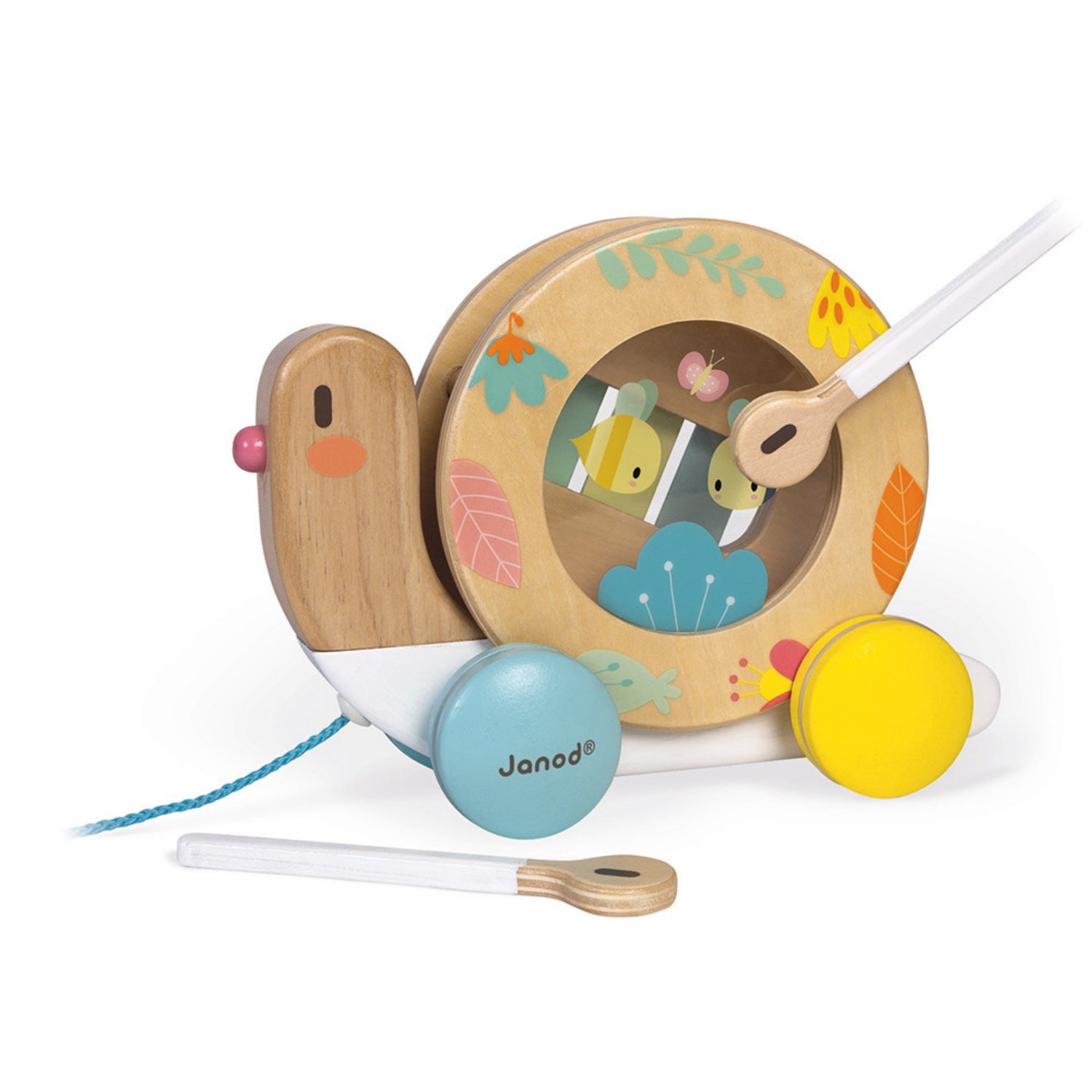 Janod Pure Pull-Along Snail | Wooden Toddler Activity Toy | Left Side View Playing Drum | BeoVERDE.ie
